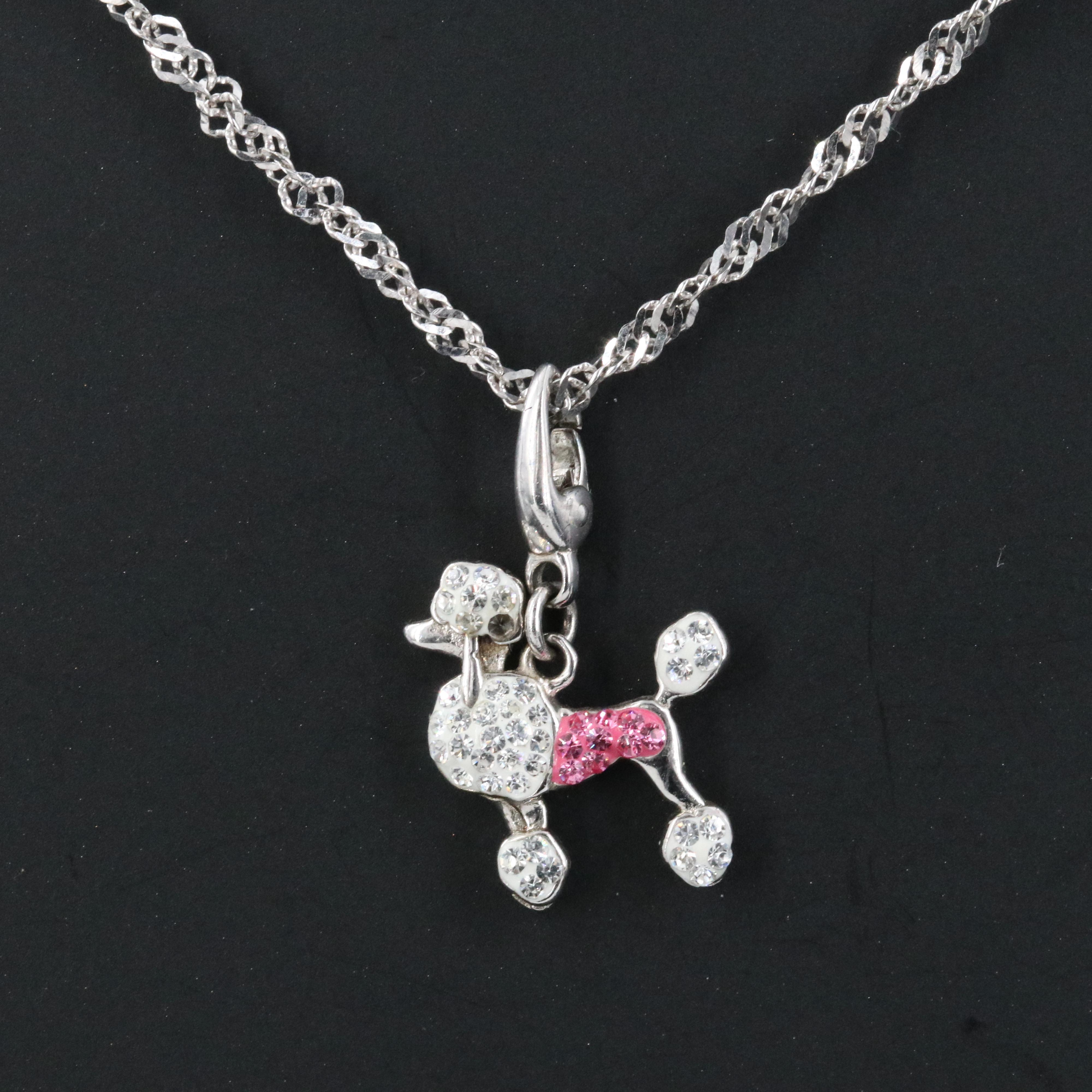 Sterling Rhinestone Poodle Pendant with 14K Singapore Chain Necklace