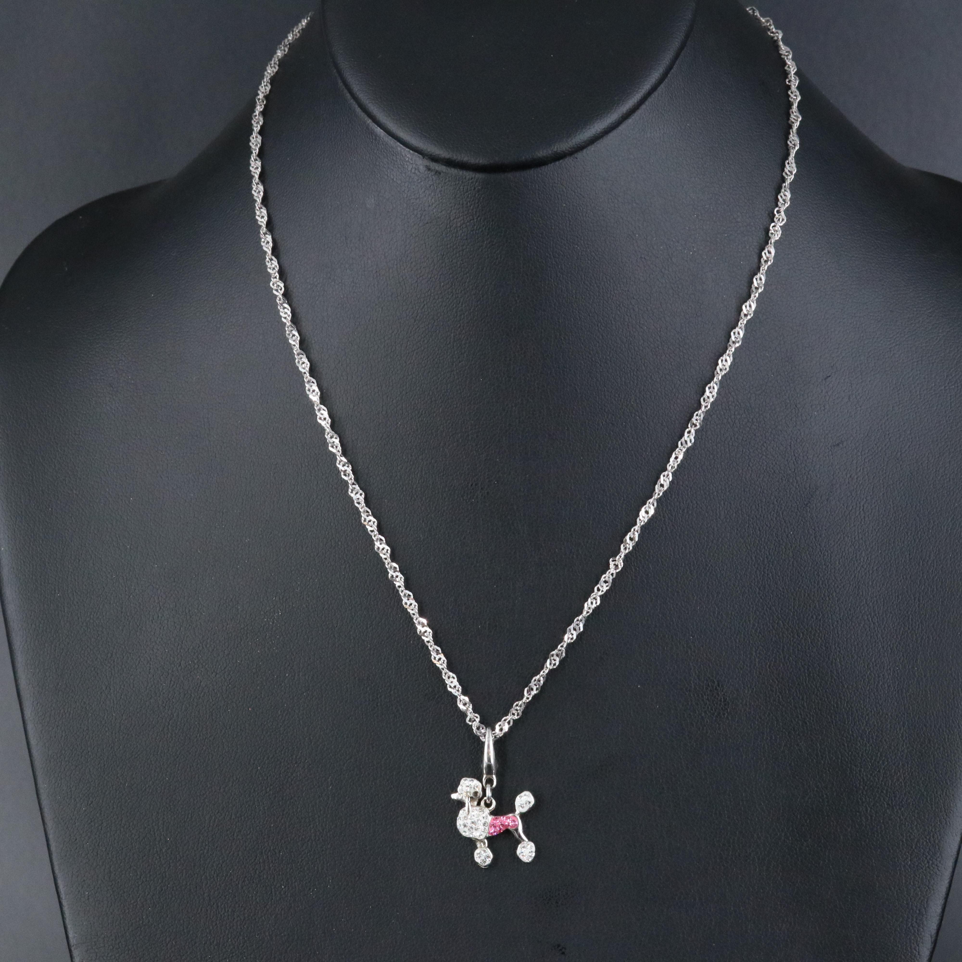 Sterling Rhinestone Poodle Pendant with 14K Singapore Chain Necklace
