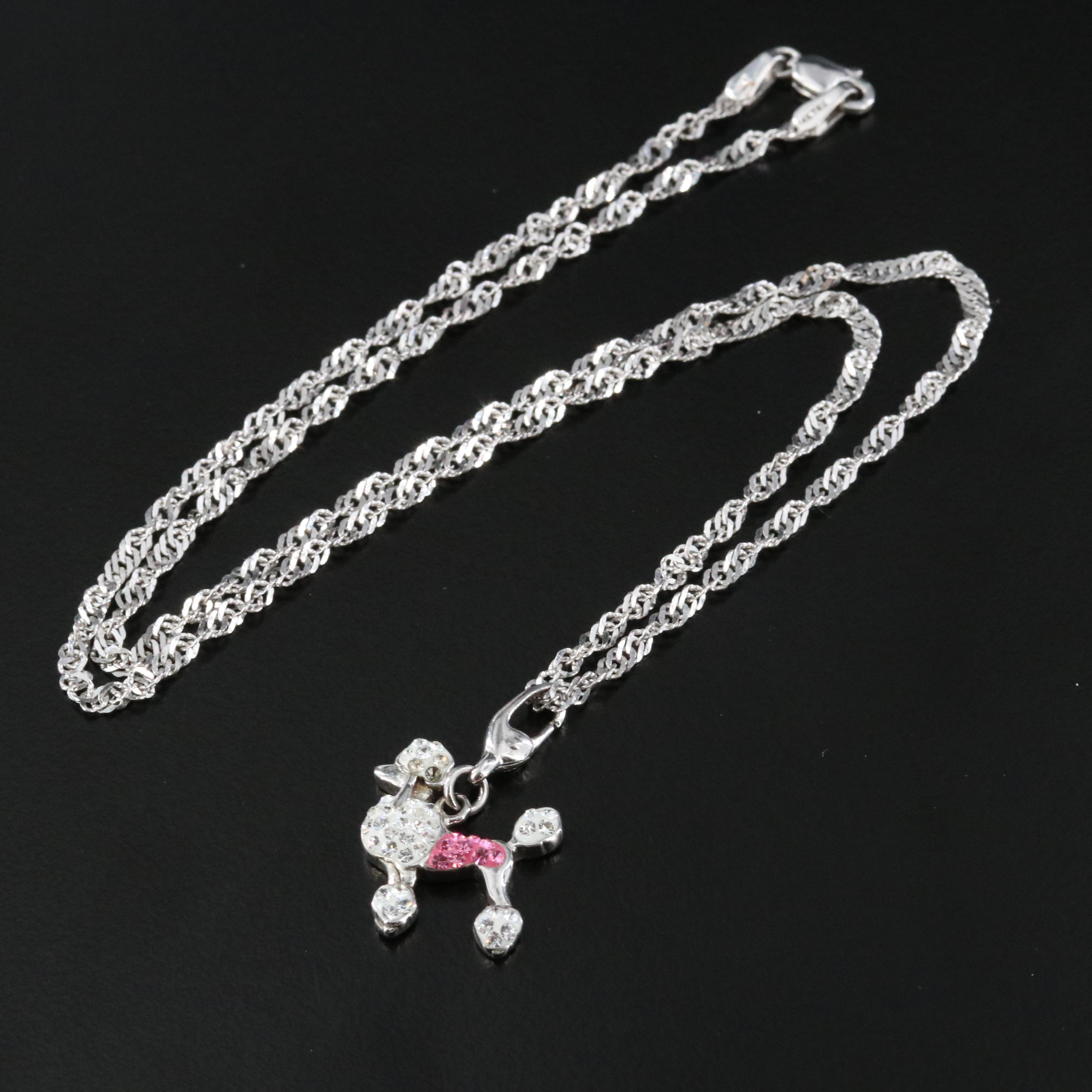 Sterling Rhinestone Poodle Pendant with 14K Singapore Chain Necklace