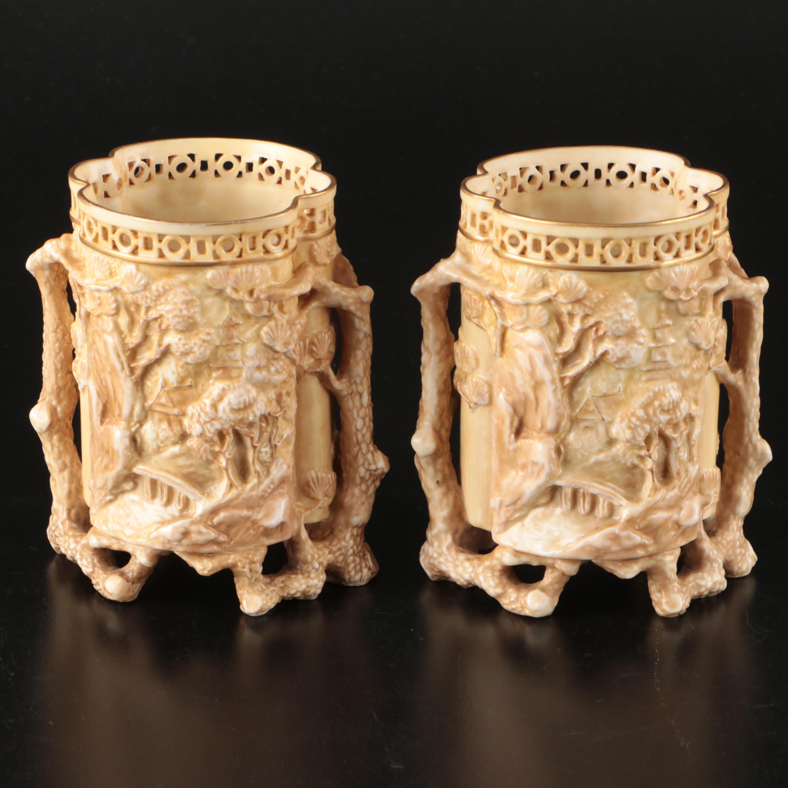 Royal Worcester Chinoiserie Blush Ivory Porcelain Brush Pots, 1886