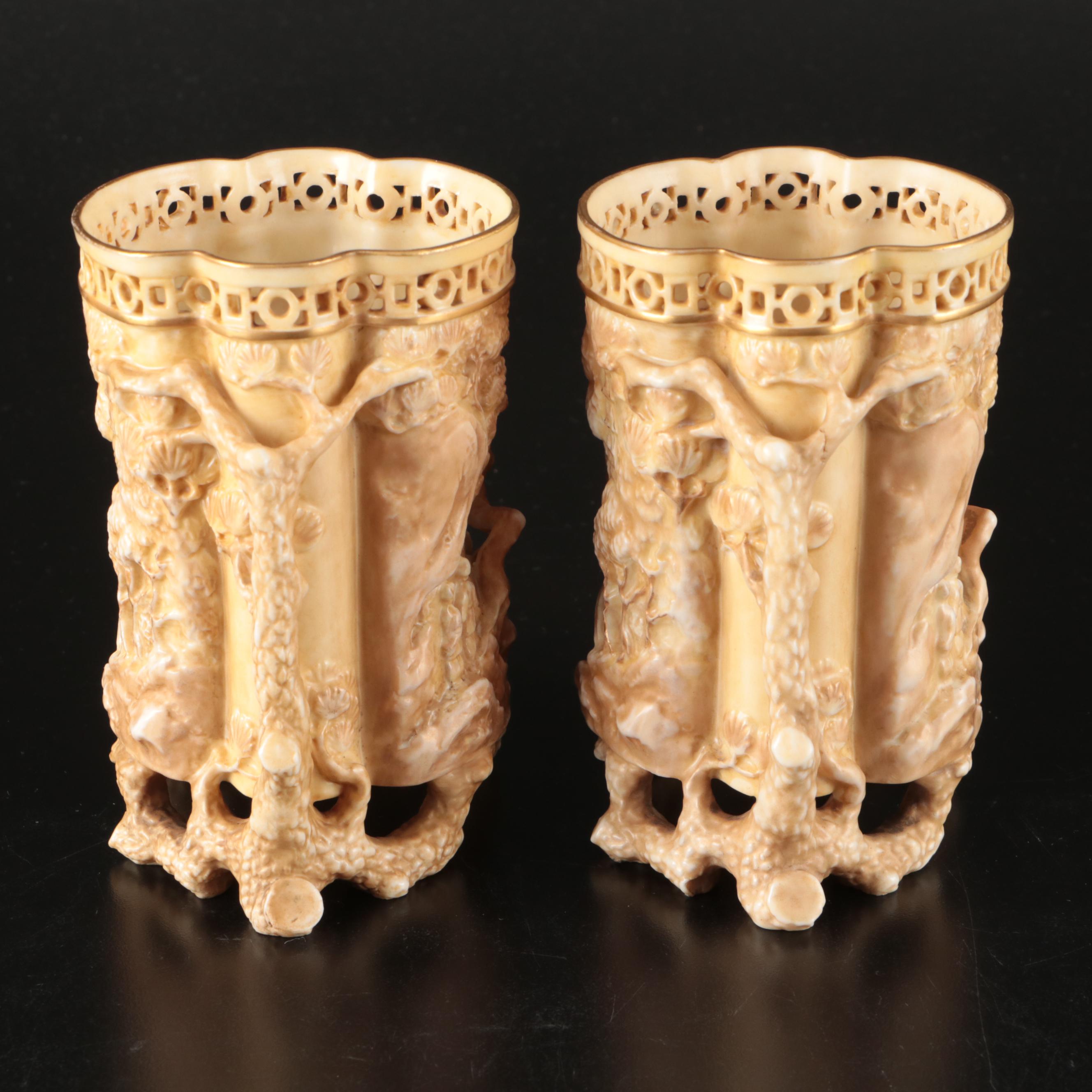 Royal Worcester Chinoiserie Blush Ivory Porcelain Brush Pots, 1886