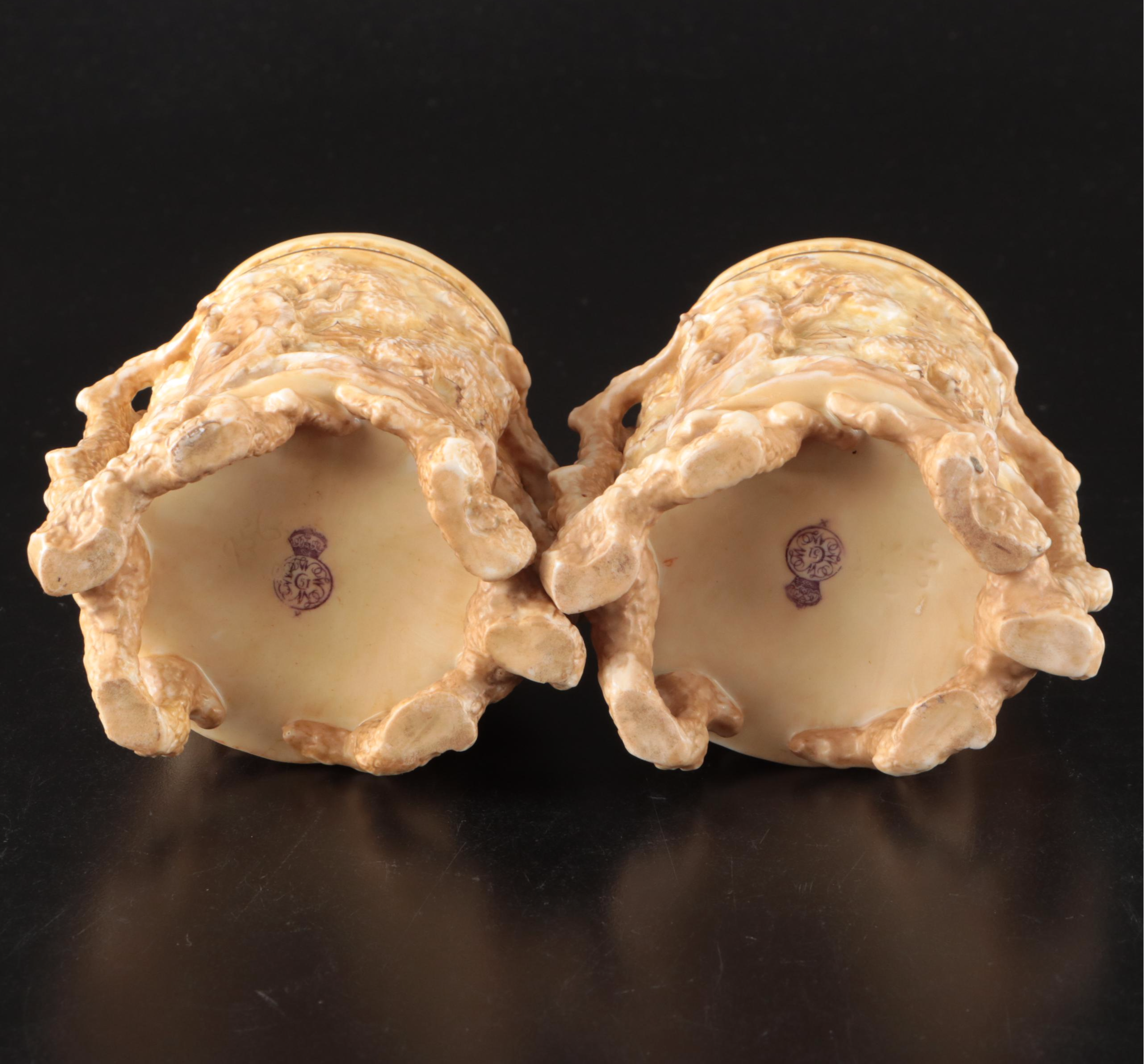 Royal Worcester Chinoiserie Blush Ivory Porcelain Brush Pots, 1886