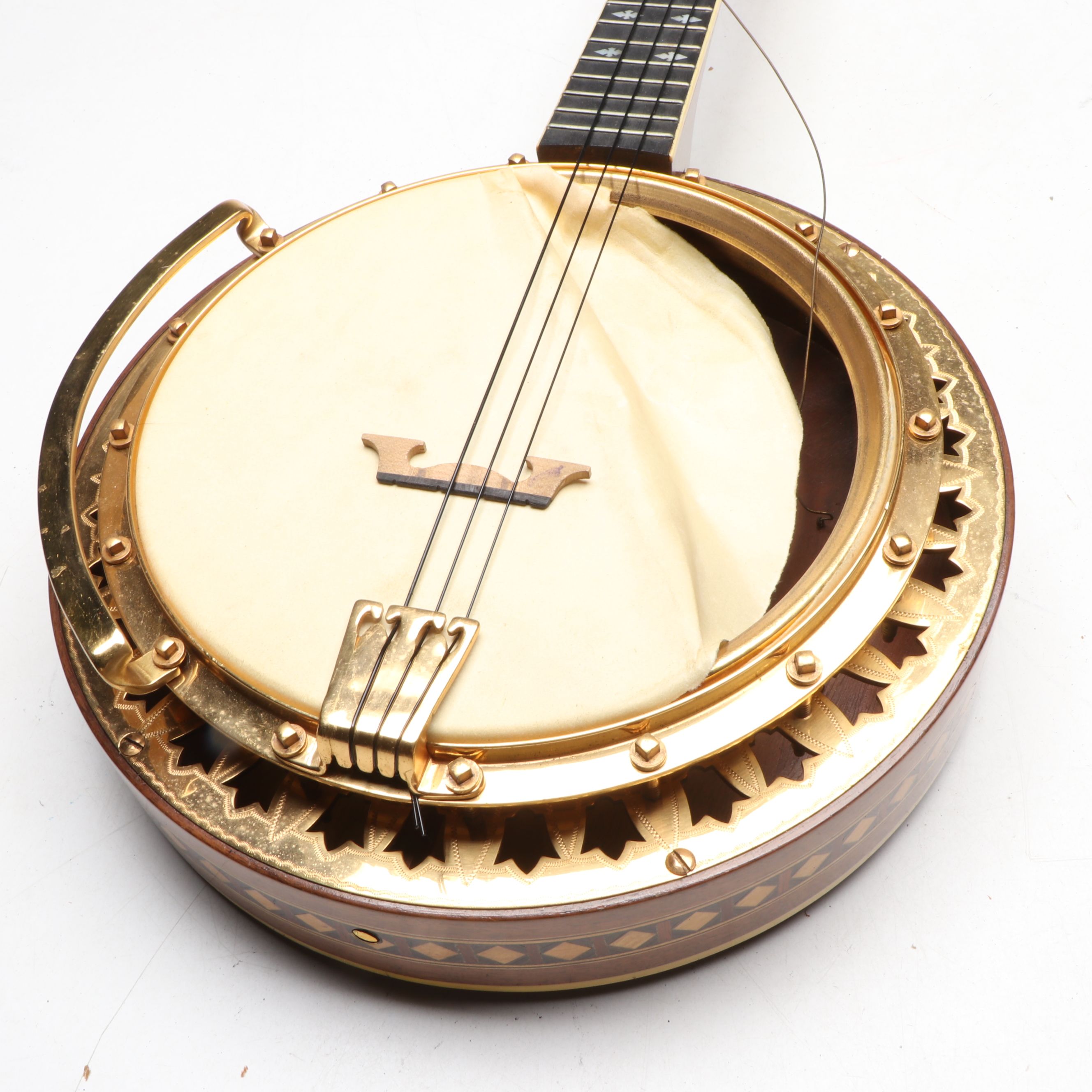 Ludwig Marquetry Wood and MOP Inlay Four-String Banjo, Early 20th Century