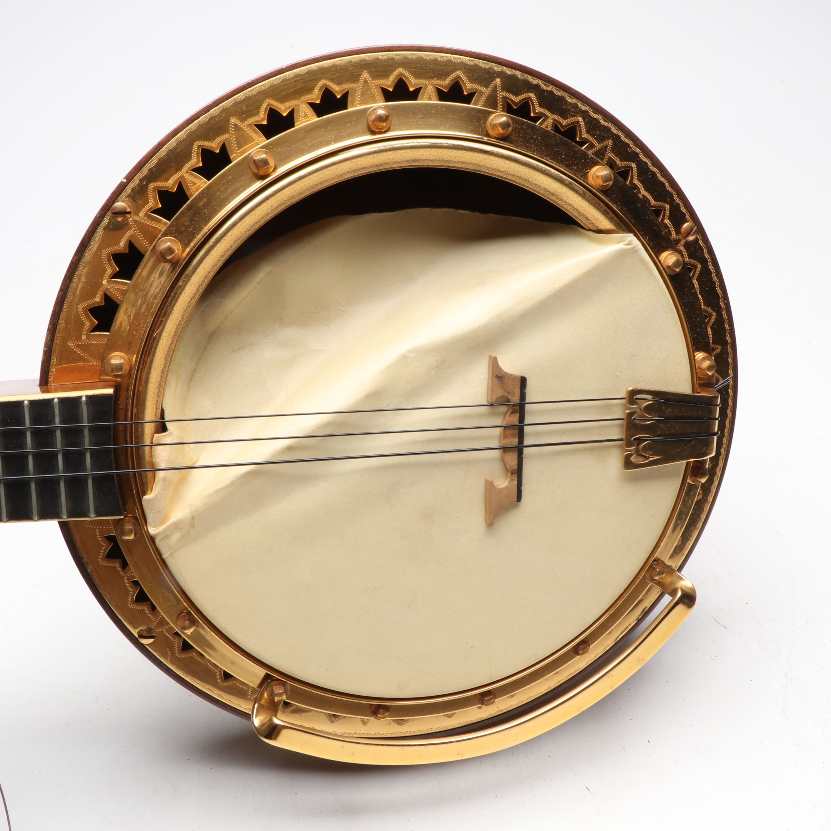 Ludwig Marquetry Wood and MOP Inlay Four-String Banjo, Early 20th Century
