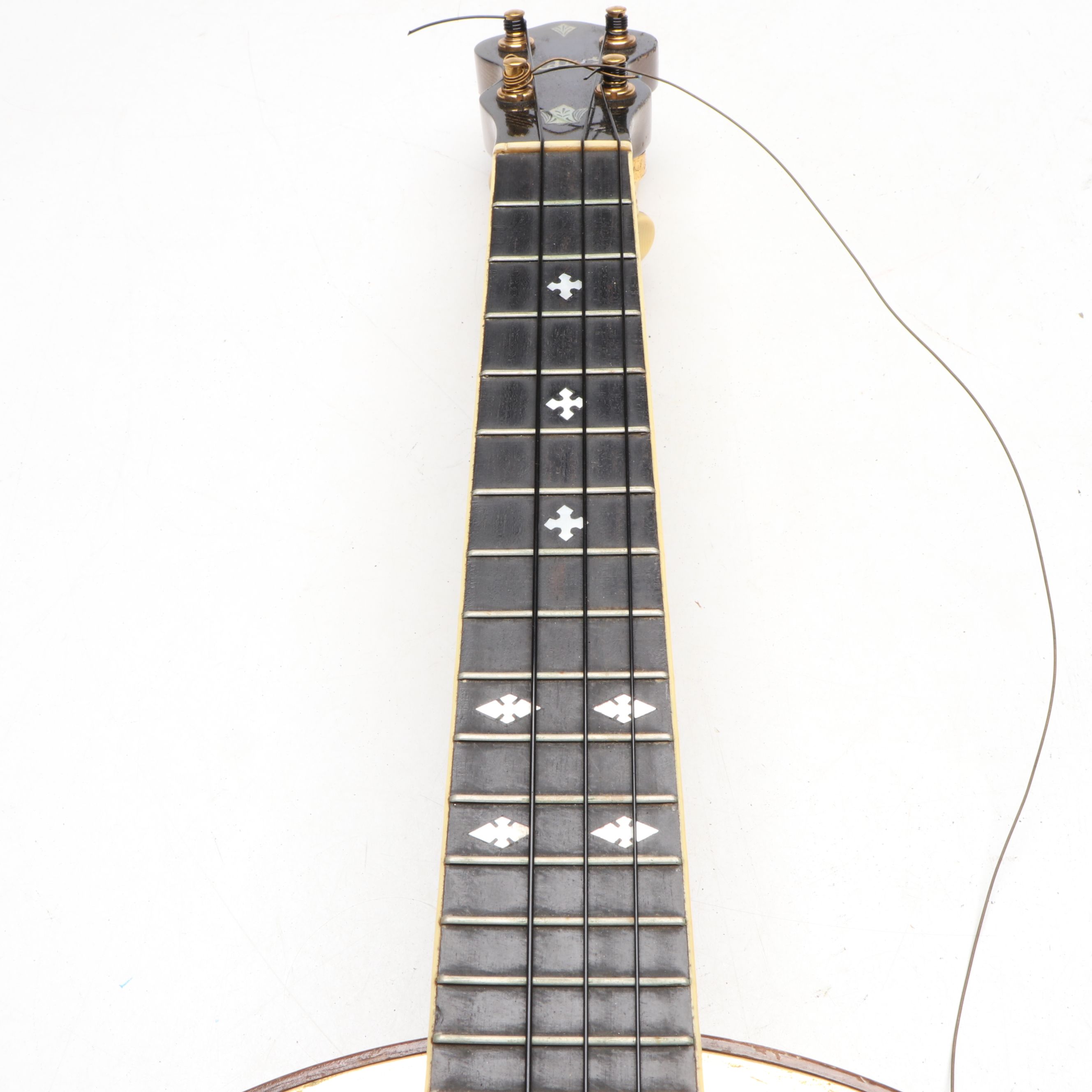 Ludwig Marquetry Wood and MOP Inlay Four-String Banjo, Early 20th Century