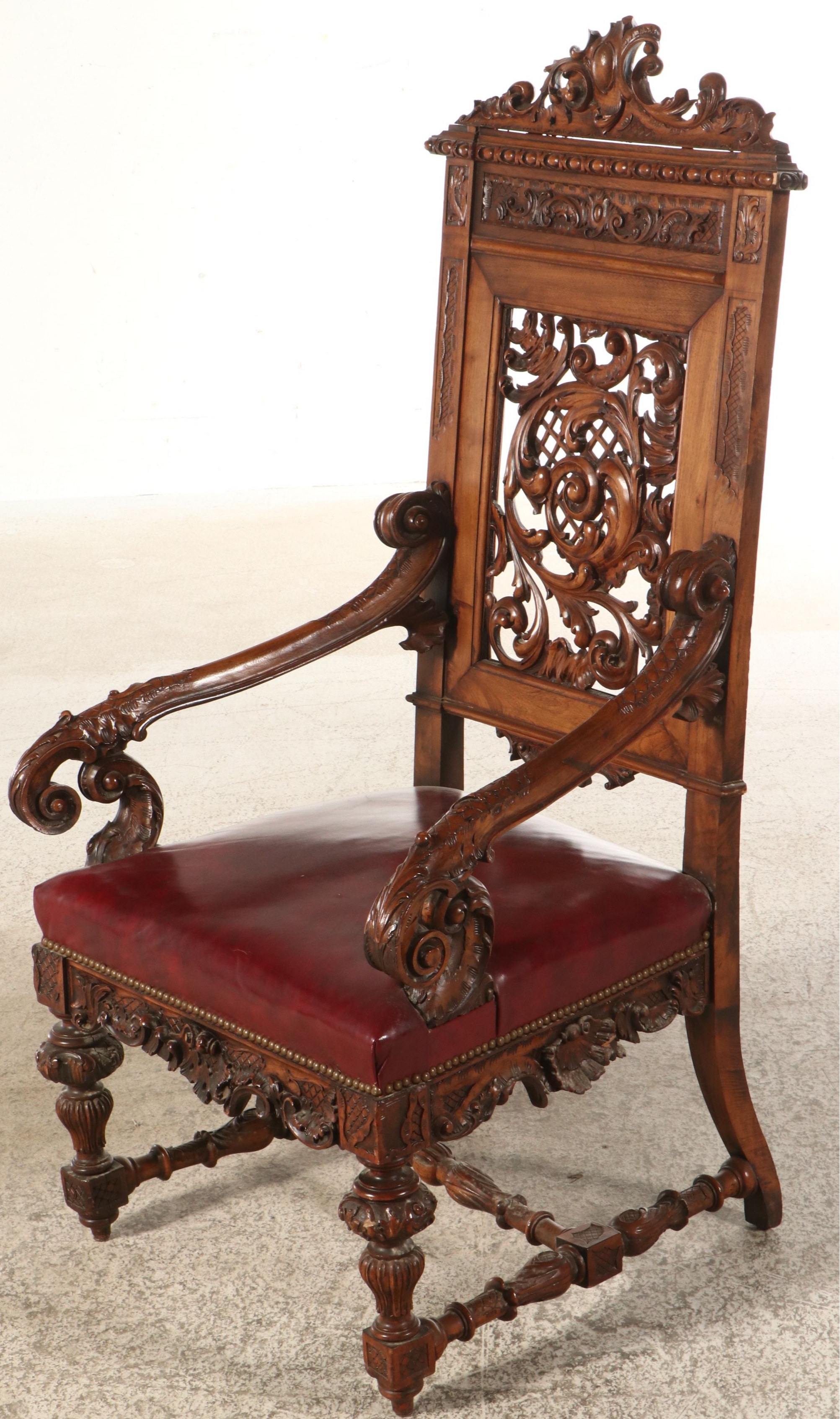 Spanish Rococo Style Carved Wood and Leather Throne Armchair