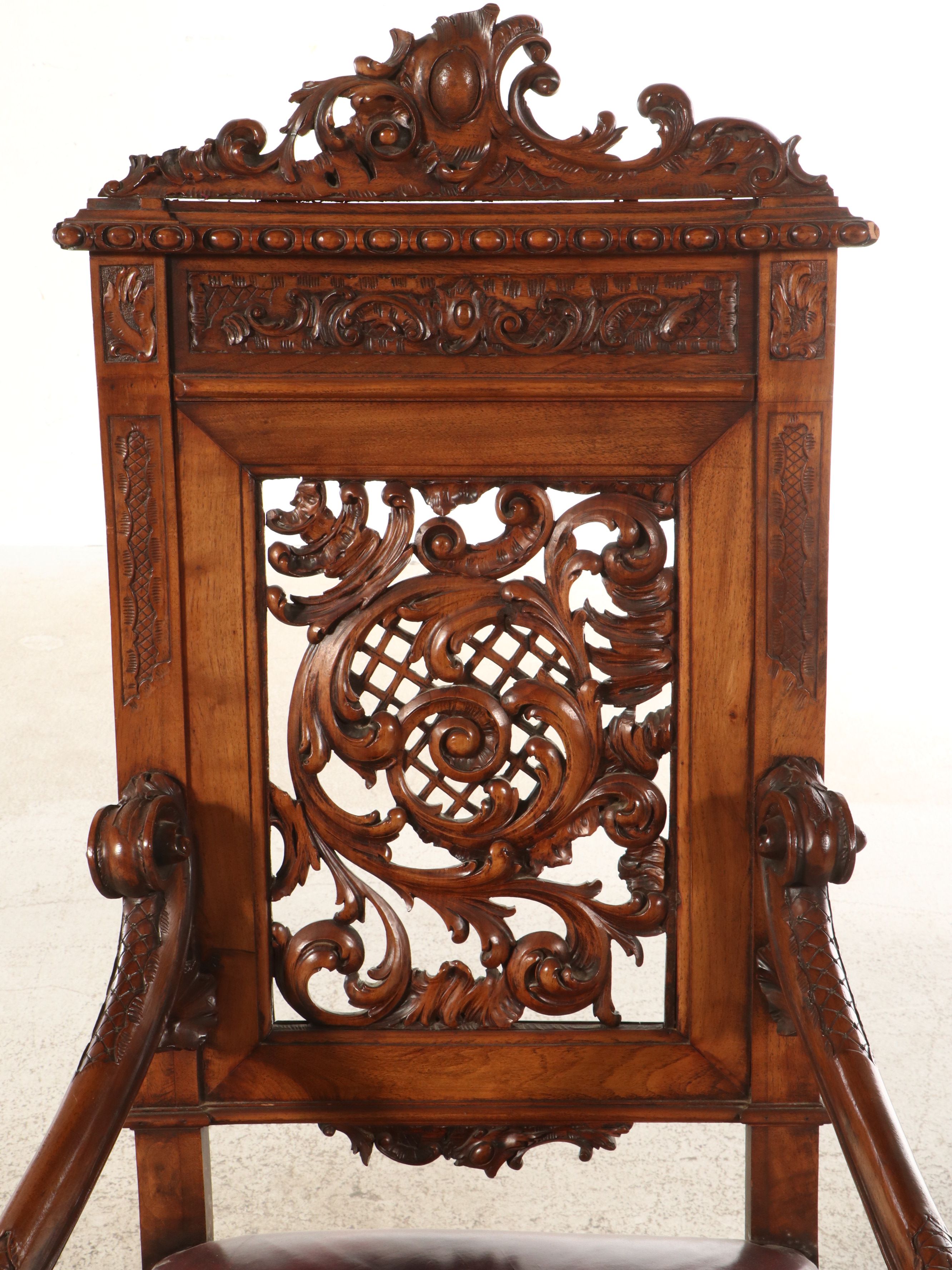 Spanish Rococo Style Carved Wood and Leather Throne Armchair