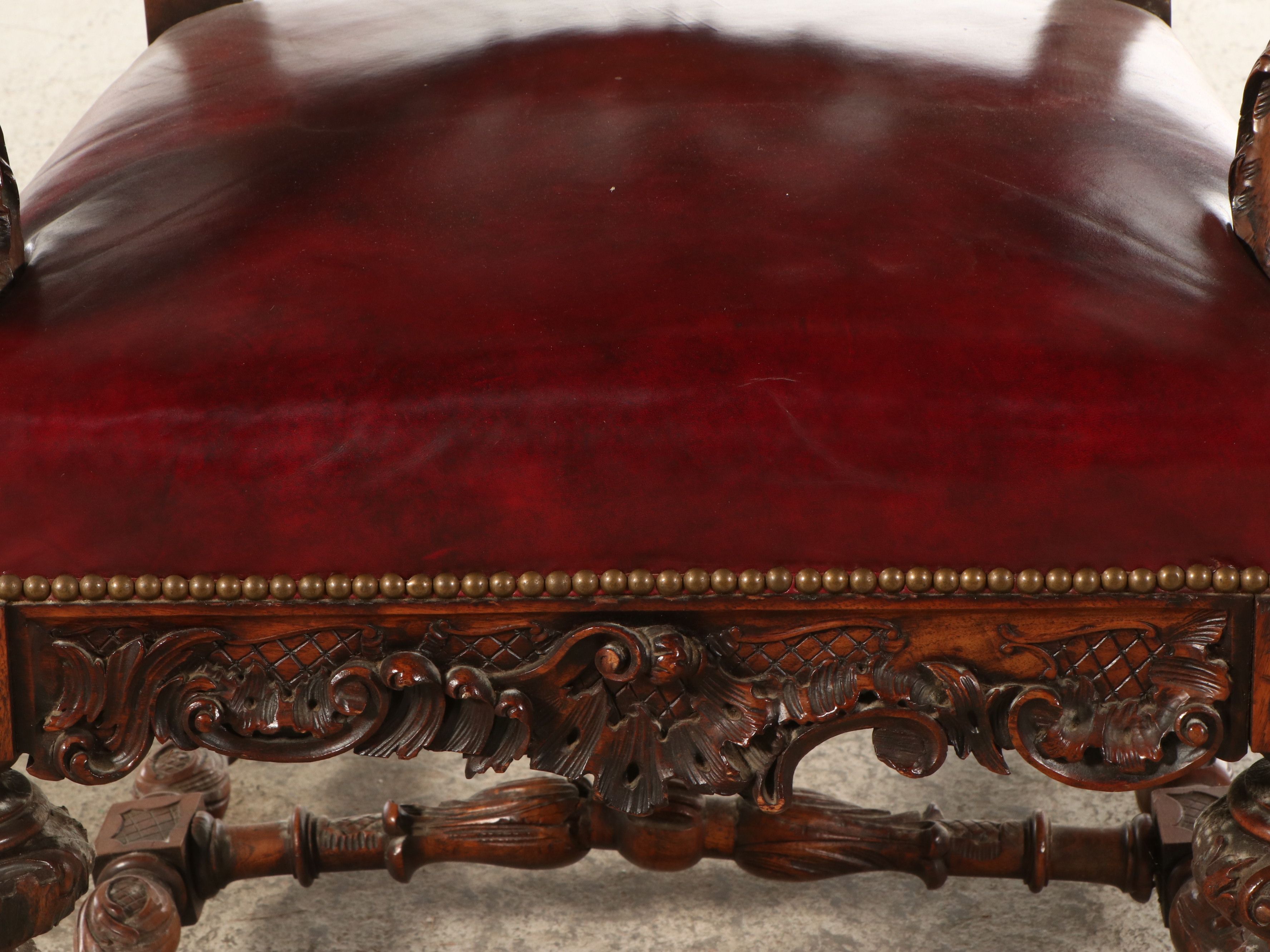 Spanish Rococo Style Carved Wood and Leather Throne Armchair