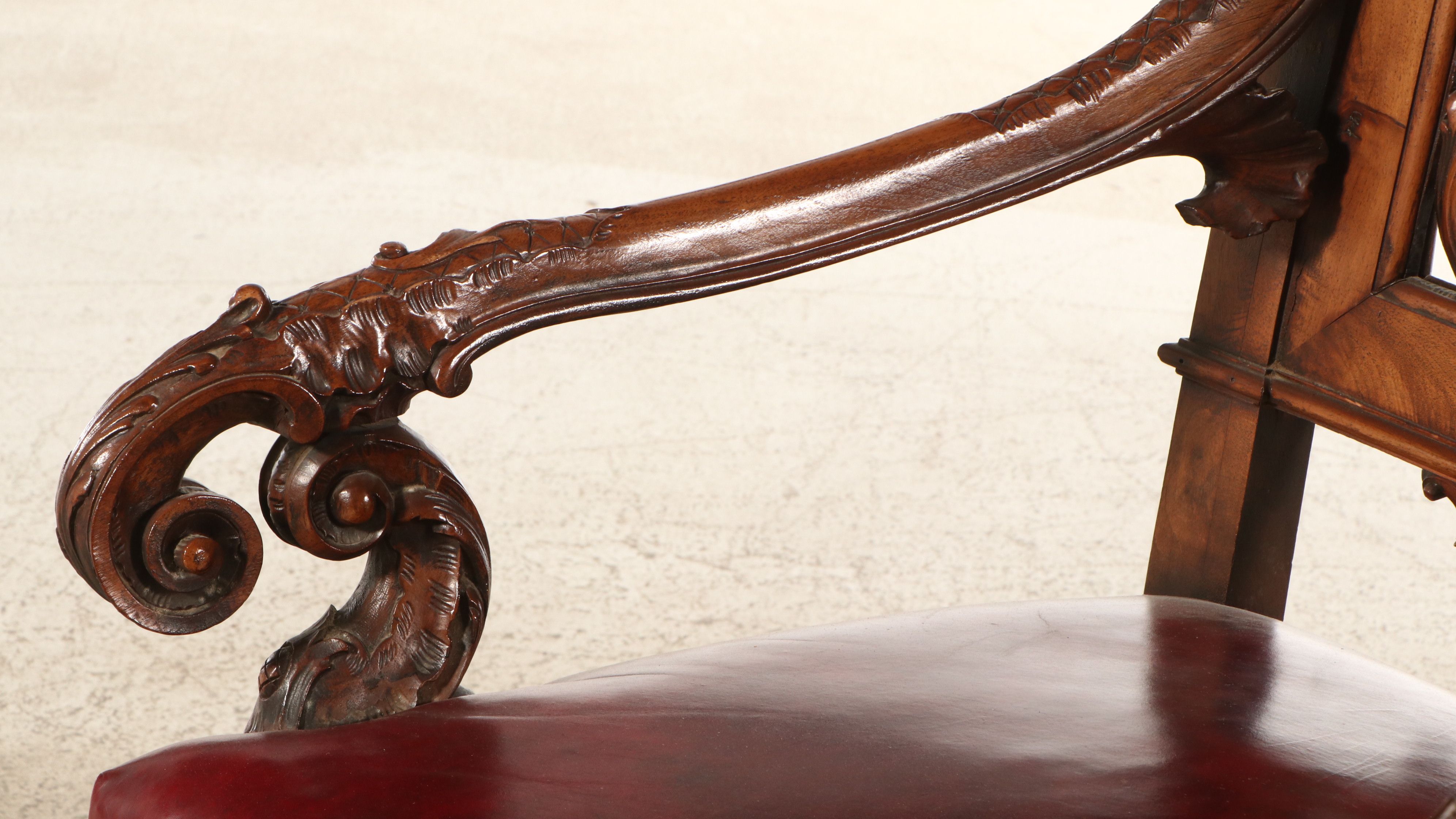 Spanish Rococo Style Carved Wood and Leather Throne Armchair