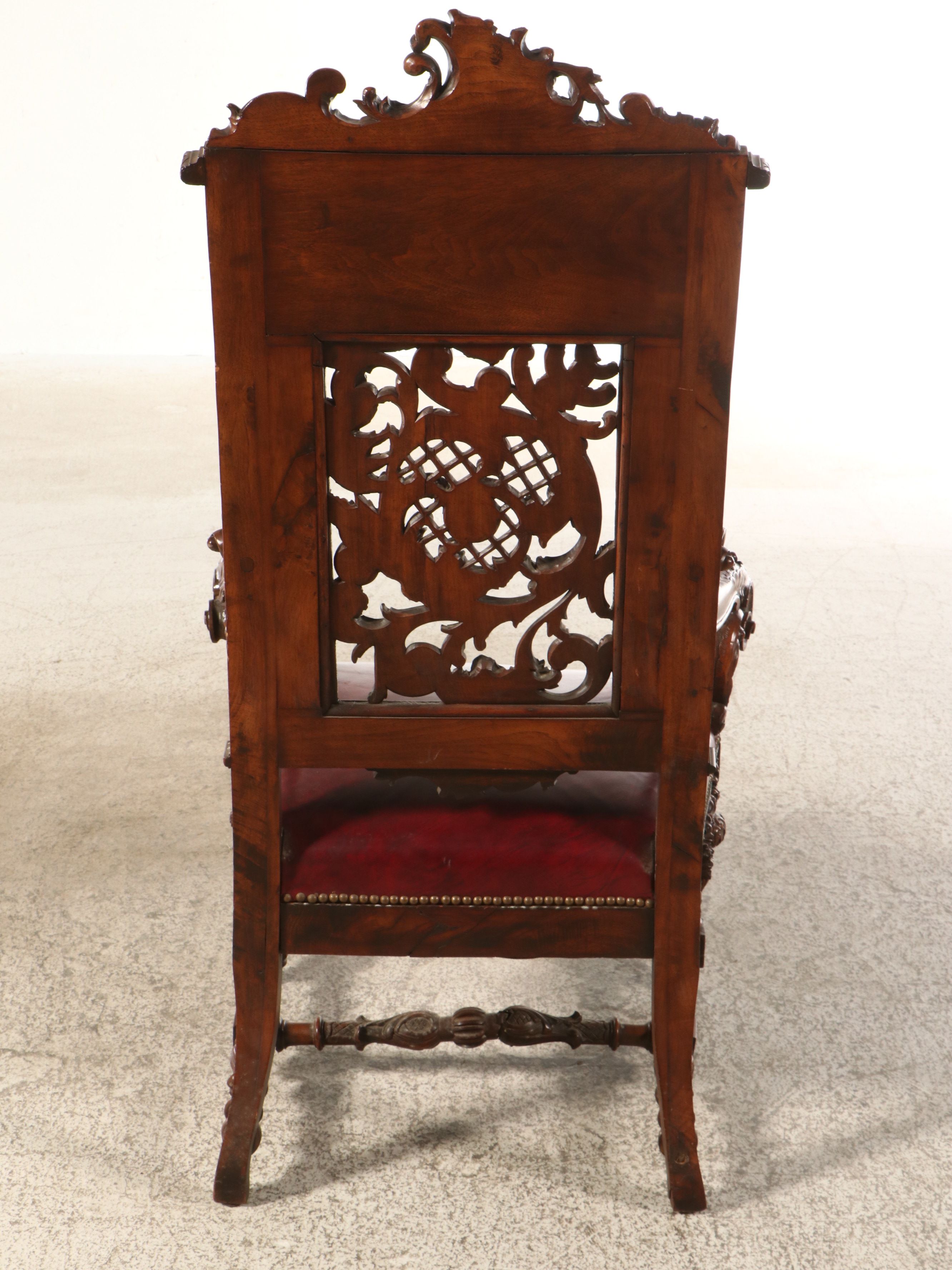 Spanish Rococo Style Carved Wood and Leather Throne Armchair