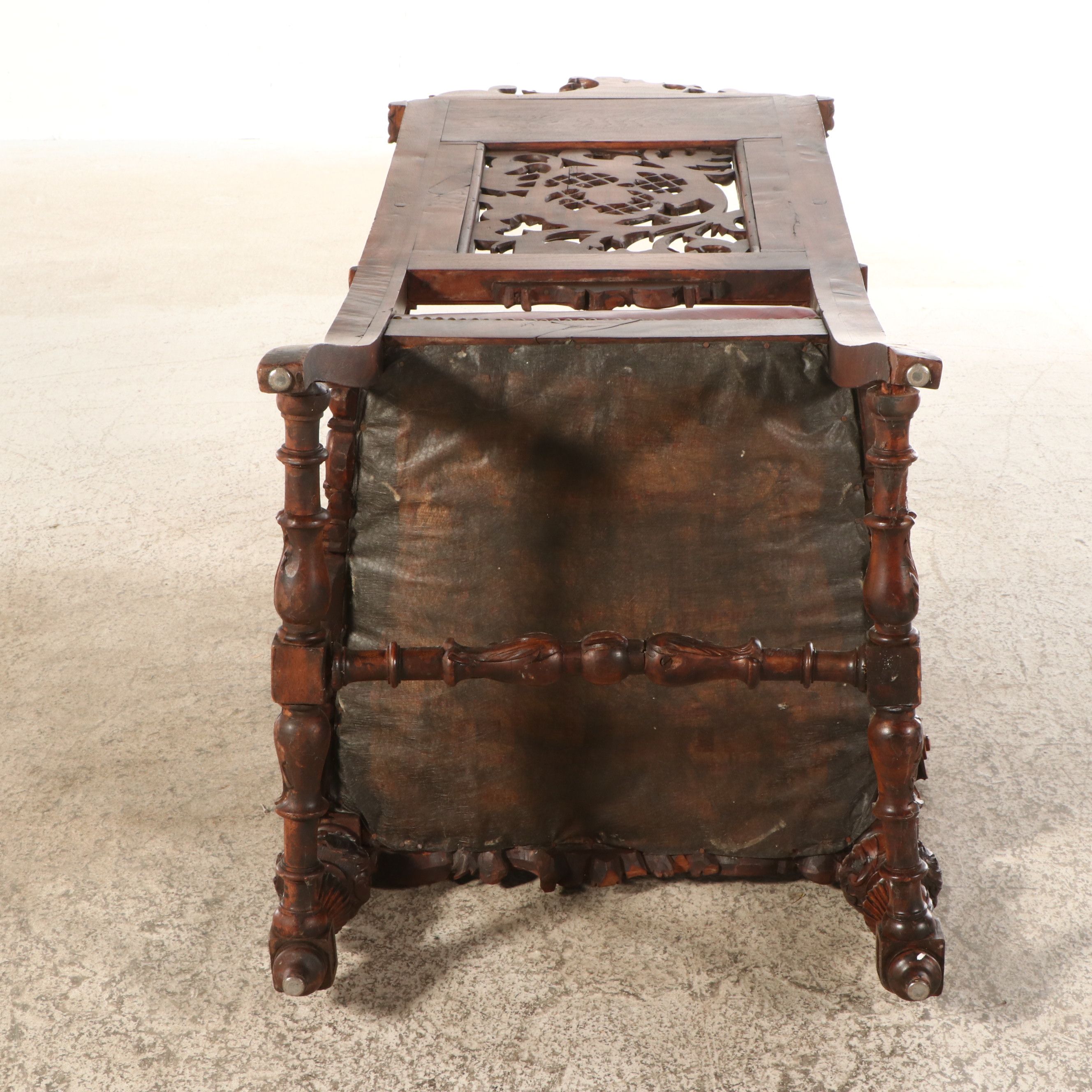 Spanish Rococo Style Carved Wood and Leather Throne Armchair