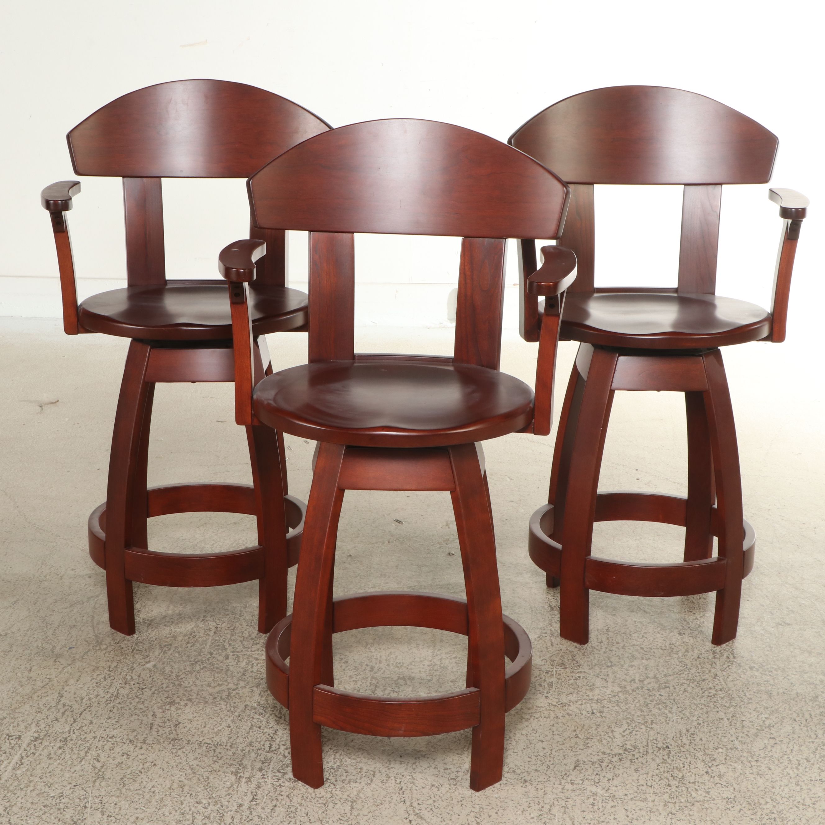 Set of Three Contemporary Walnut Swivel Barstools