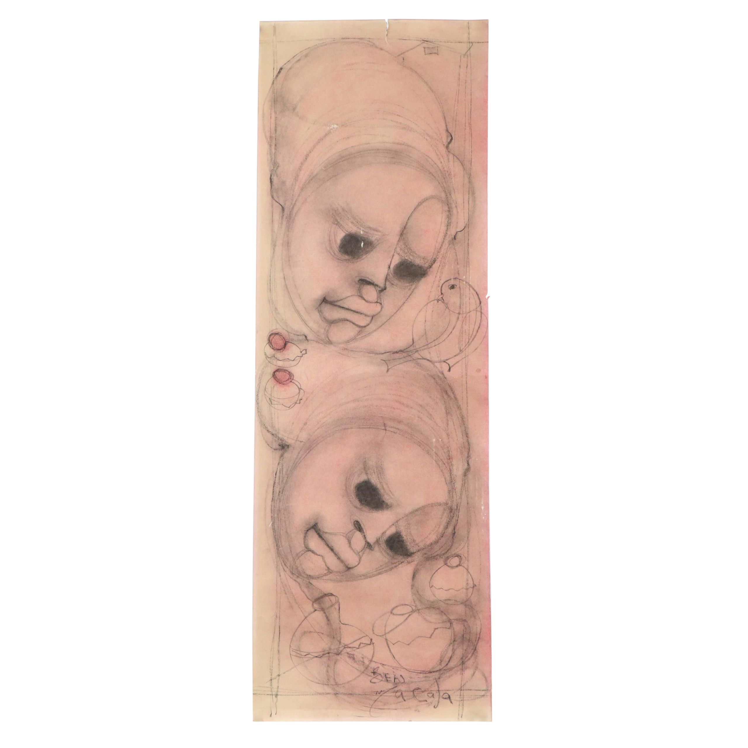 Ben Macala Charcoal and Pastel Drawing on Paper of Two Faces, 20th Century