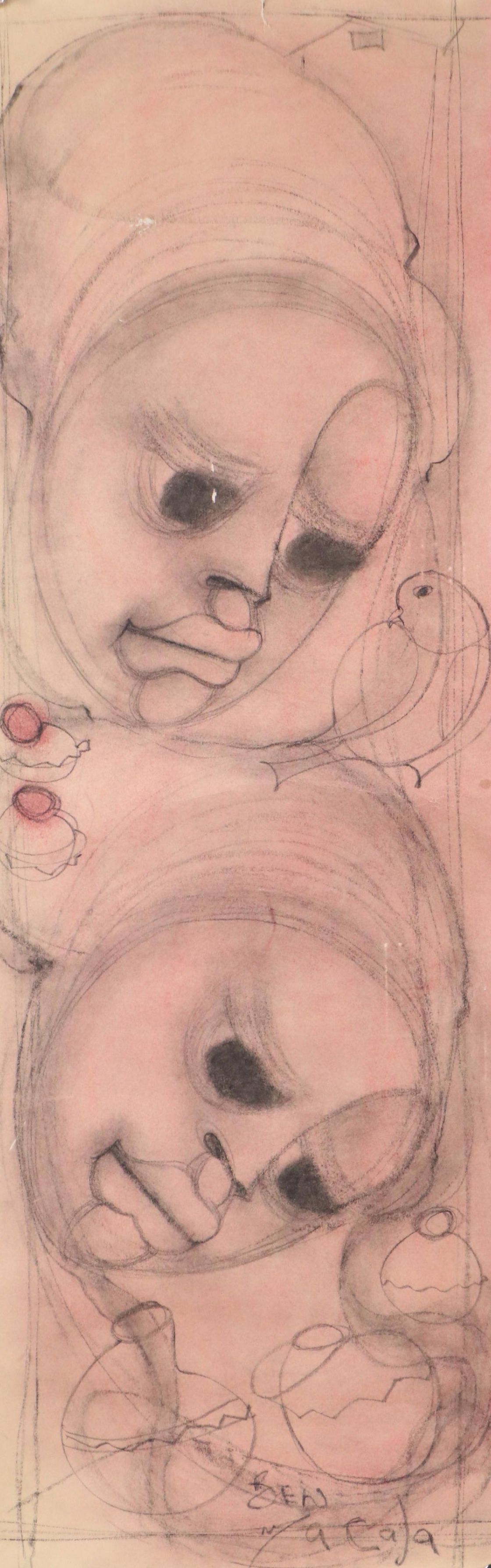 Ben Macala Charcoal and Pastel Drawing on Paper of Two Faces, 20th Century