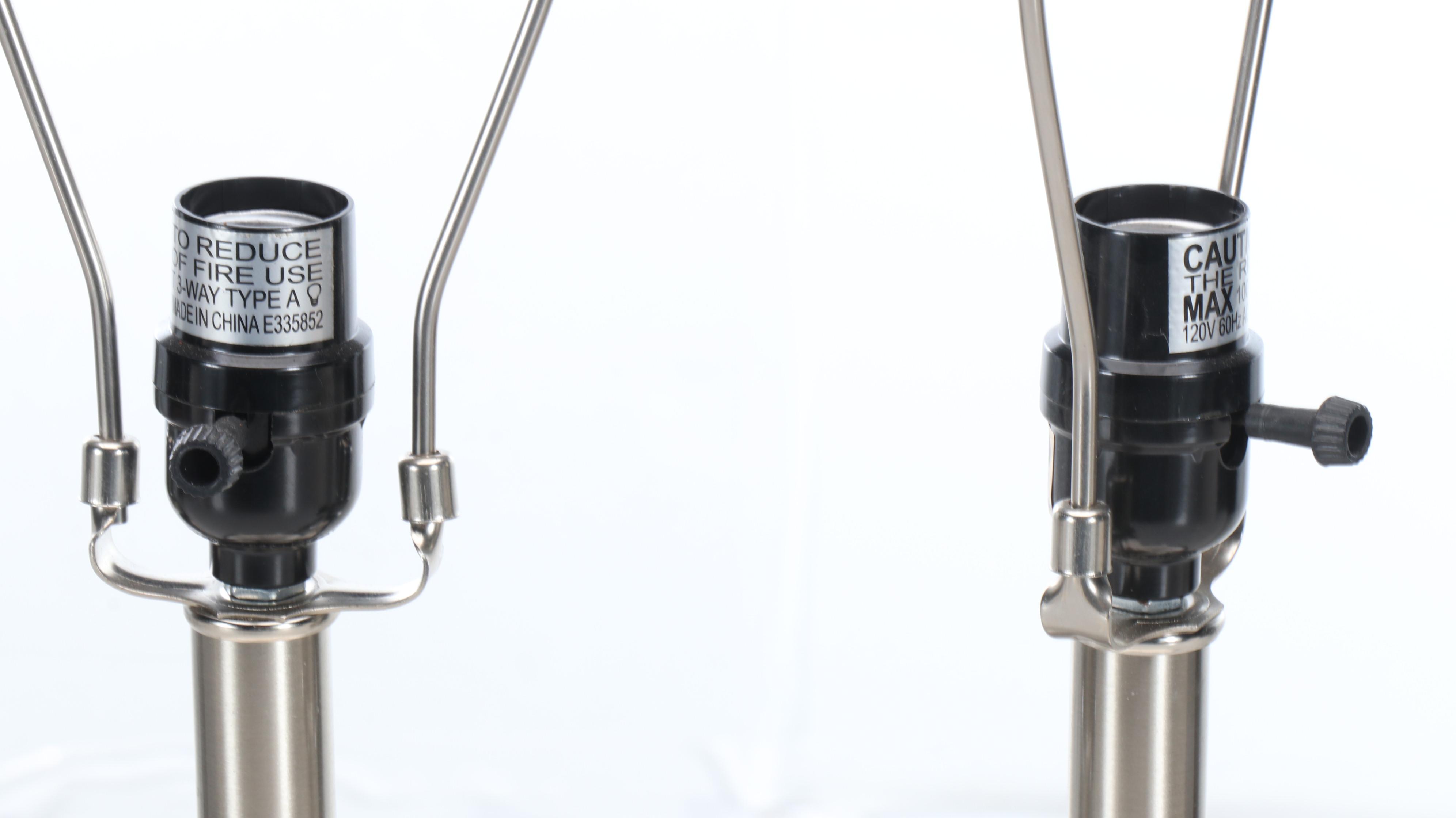 Brushed Metal and Ribbed Mercury Glass Table Lamps with Linen Shades