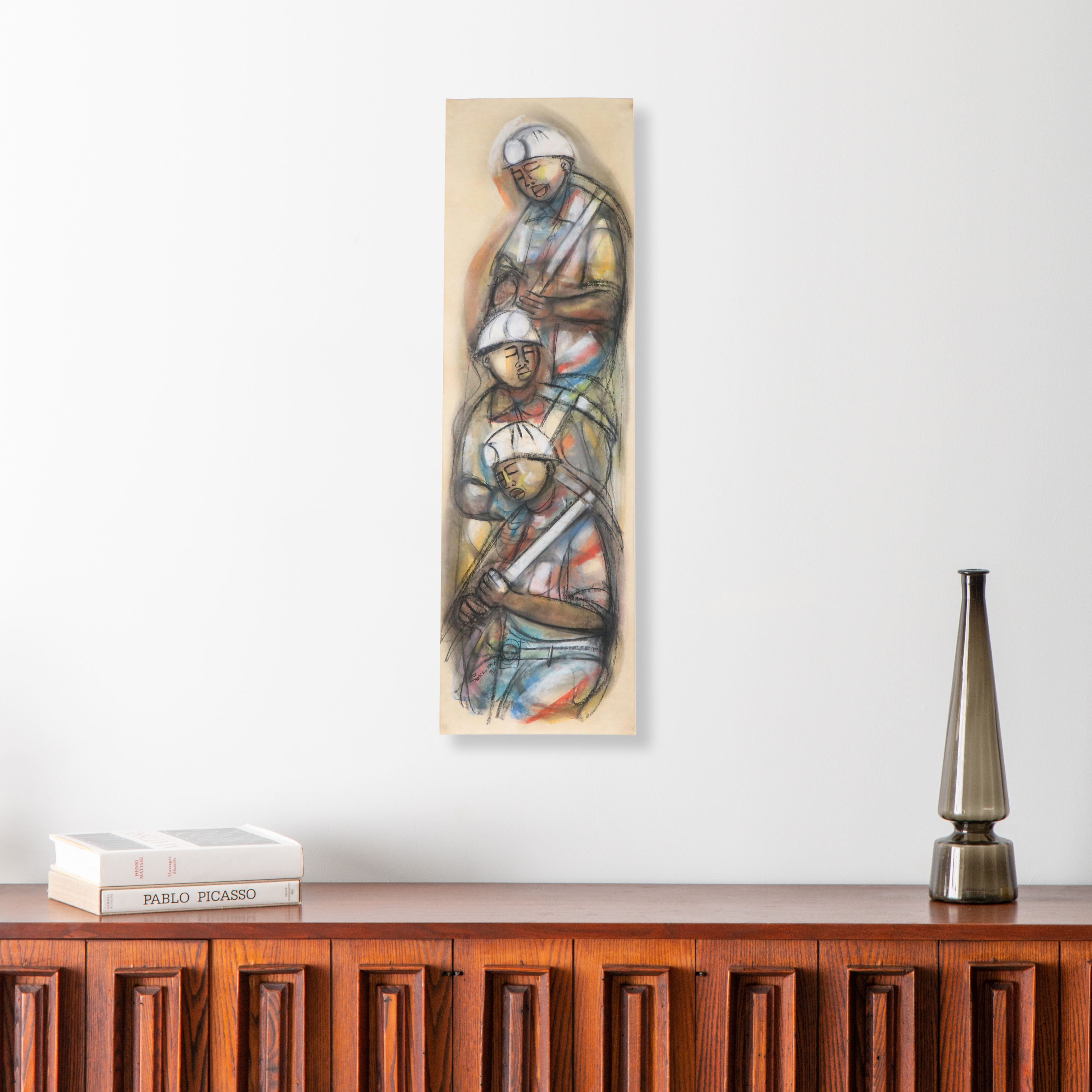 Godfrey Ndaba Stylized Oil Pastel Drawing of Miners, 1982