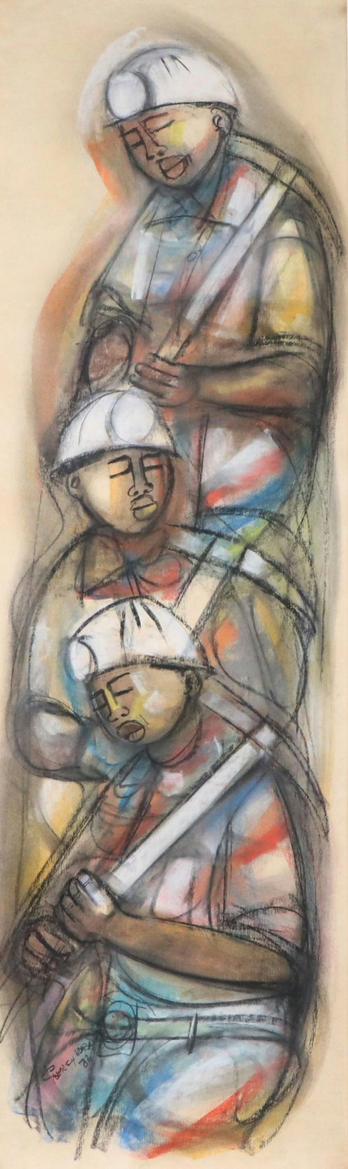 Godfrey Ndaba Stylized Oil Pastel Drawing of Miners, 1982