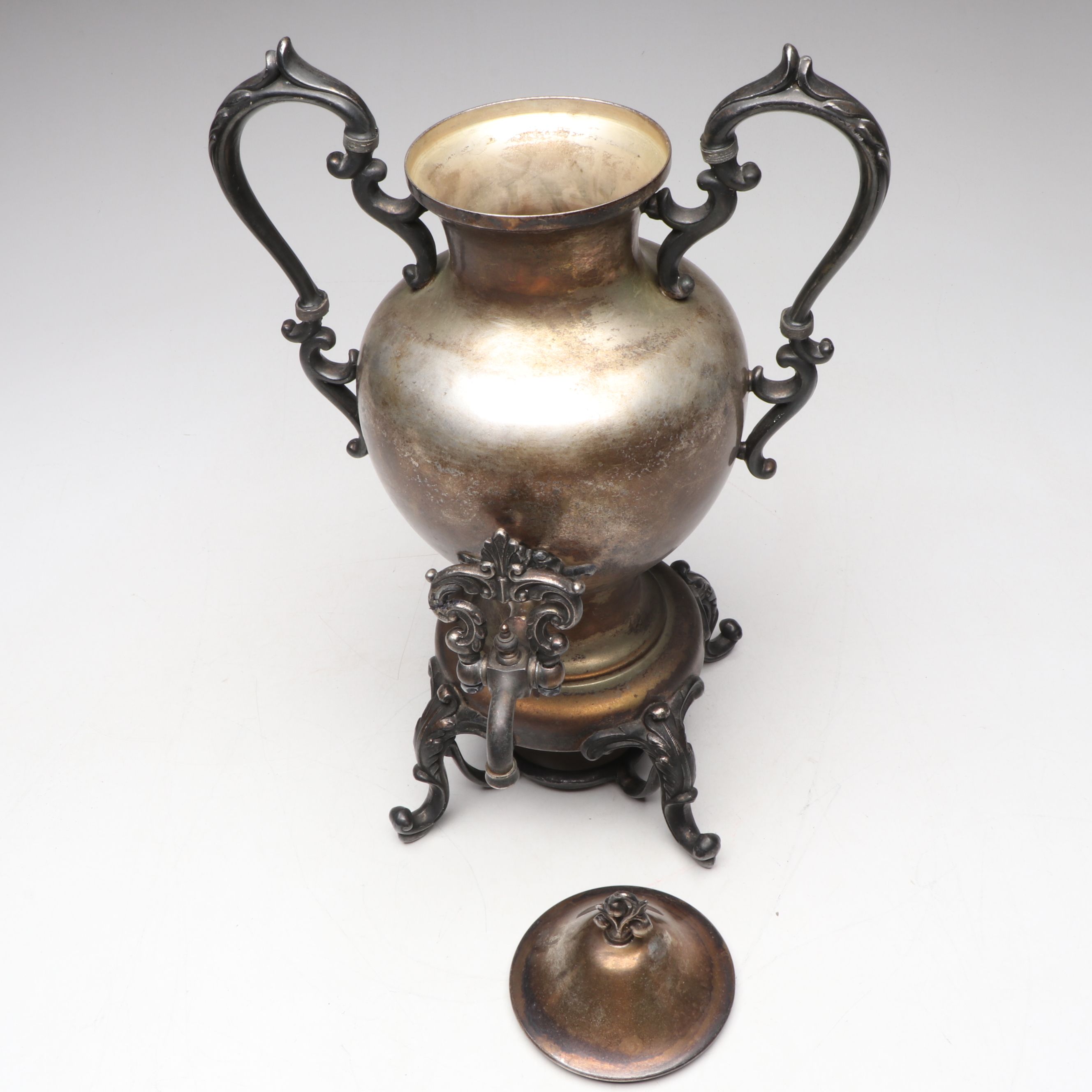 Silver Plated Copper Birmingham Coffee Urn with More Silver Plate Serveware