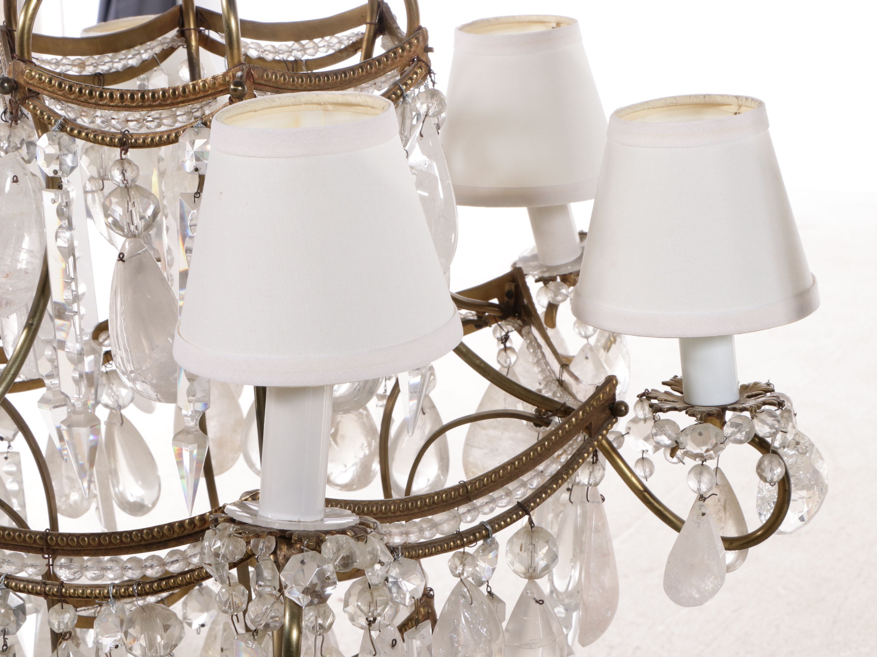 Maison Bagues Style Brass and Carved Rock Crystal Six-Light Chandelier