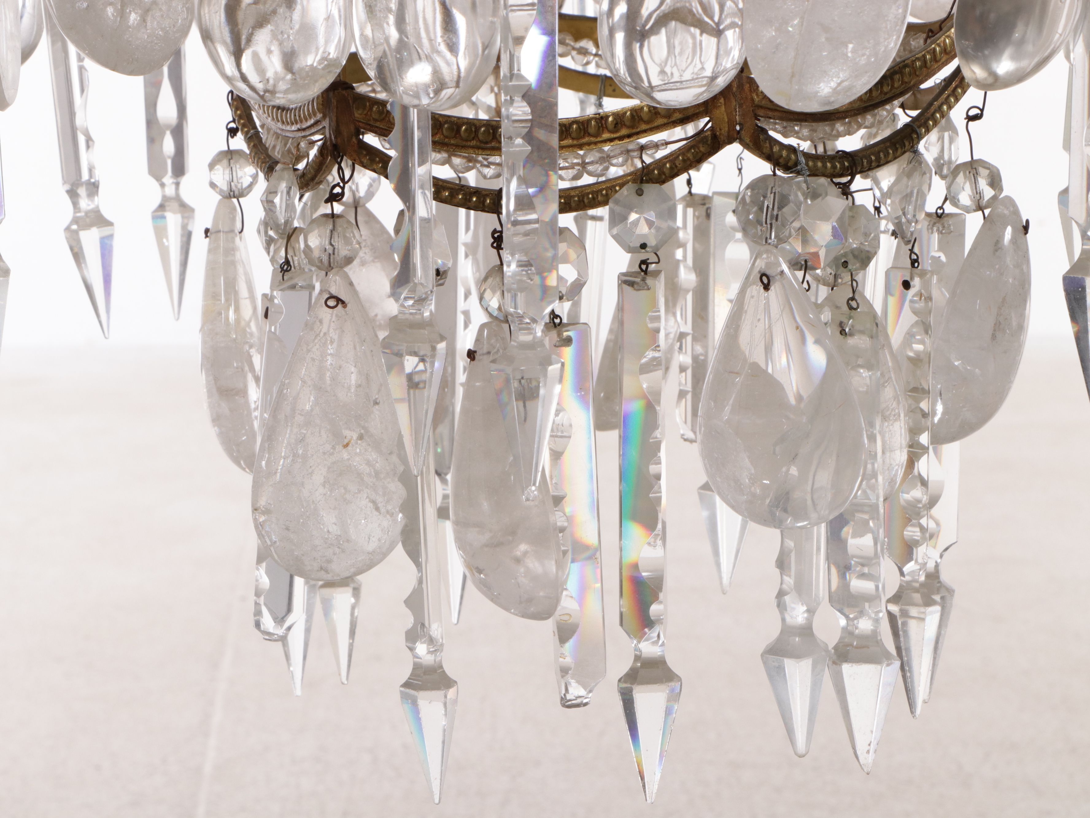 Maison Bagues Style Brass and Carved Rock Crystal Six-Light Chandelier