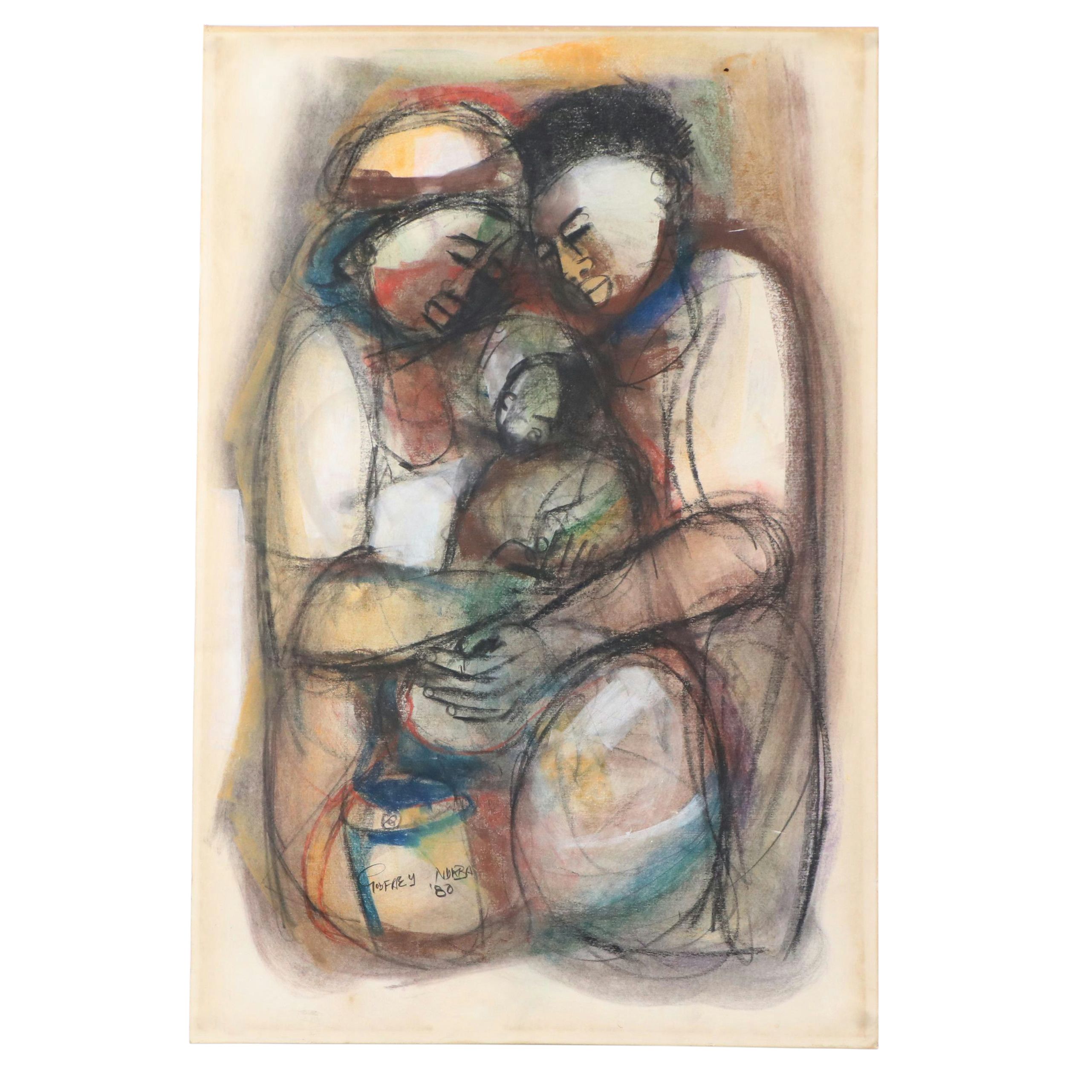 Godfrey Ndaba Oil Pastel Drawing of Mother and Father with Child, 1980