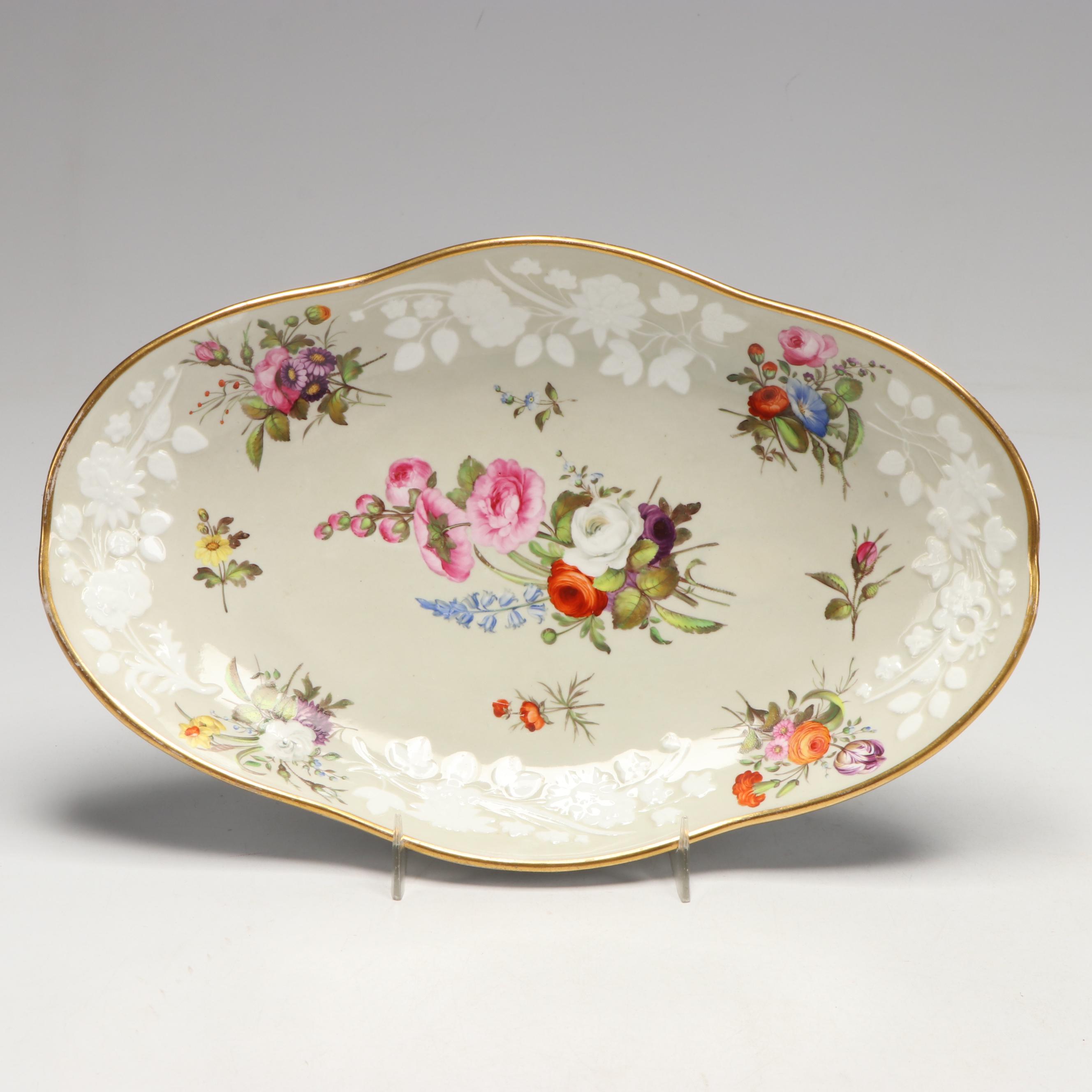 Spode Georgian Bone China Hand-Painted Oval Dishes with Embossed Floral Sprays
