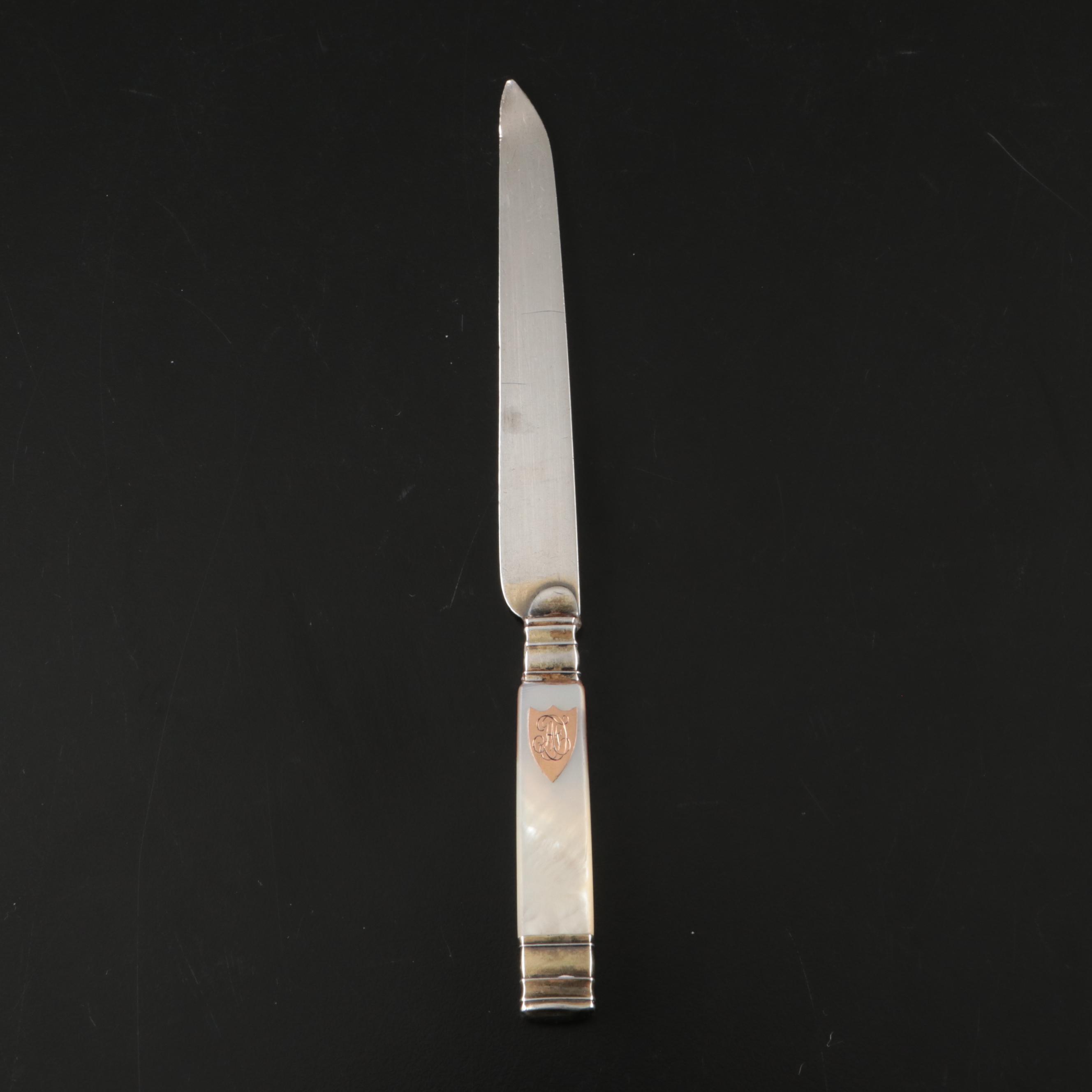 Tiffany & Co. Sterling Pill Case, Dunhill Sylphide Lighter and MOP Letter Opener