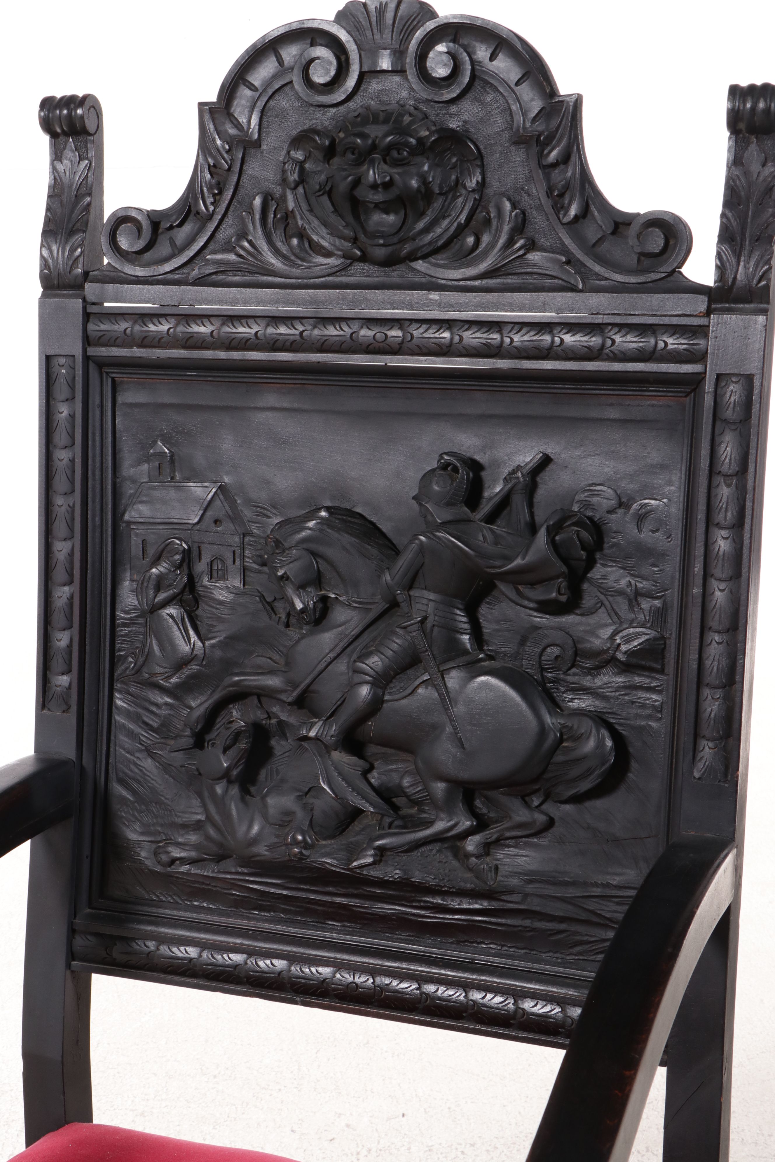 German Renaissance Revival Carved Armchair Depicting St. George and the Dragon