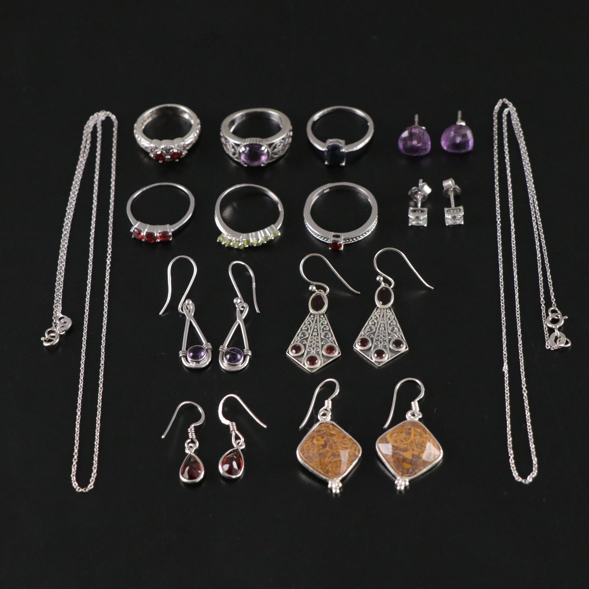 14 Assorted Sterling Silver Rings, Necklaces and Earrings