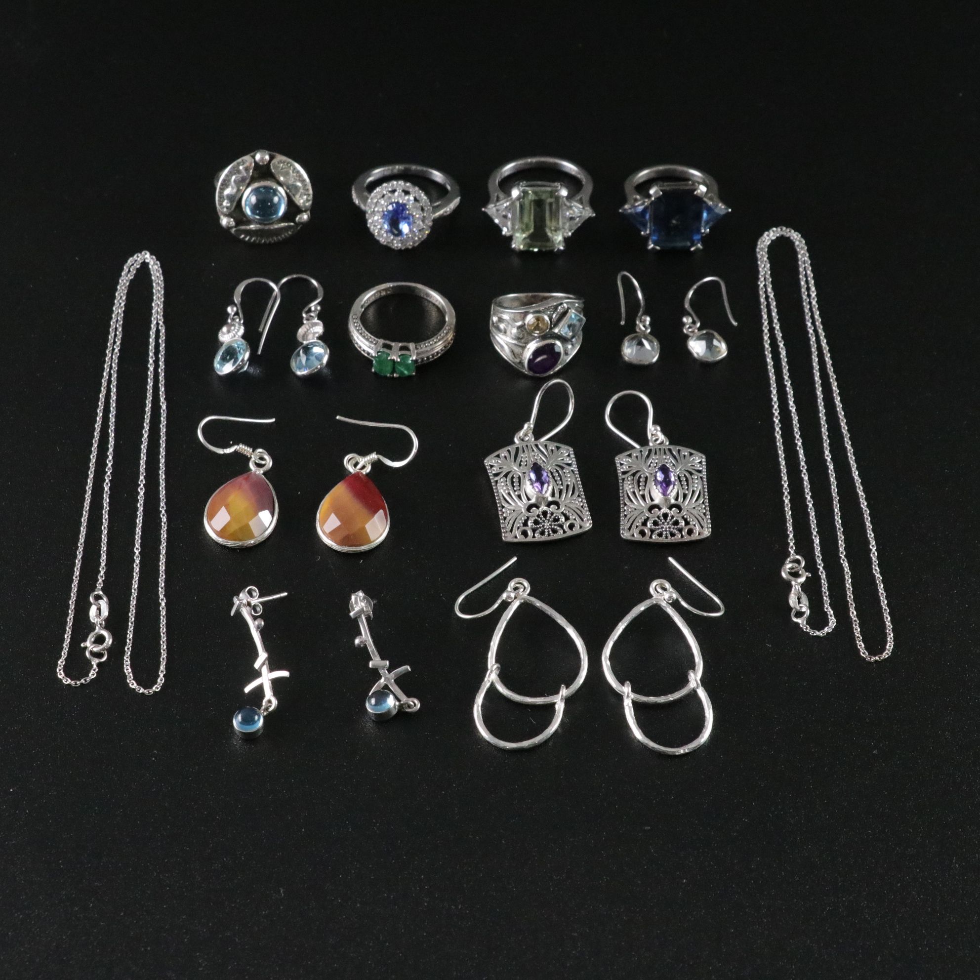 14 Assorted Sterling Silver Rings, Necklaces and Earrings
