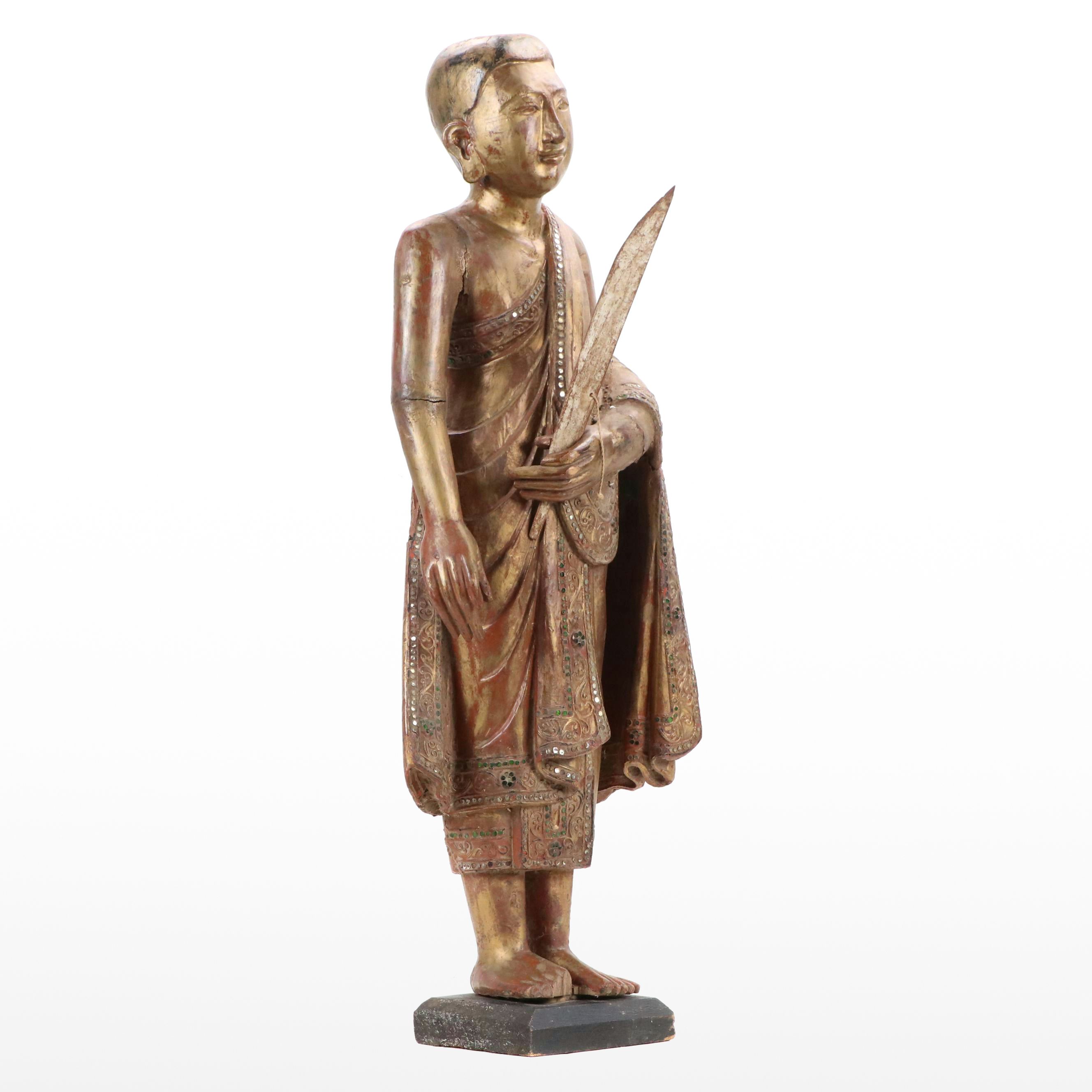 Burmese Embellished Wood Buddha Sculpture, Late 20th Century