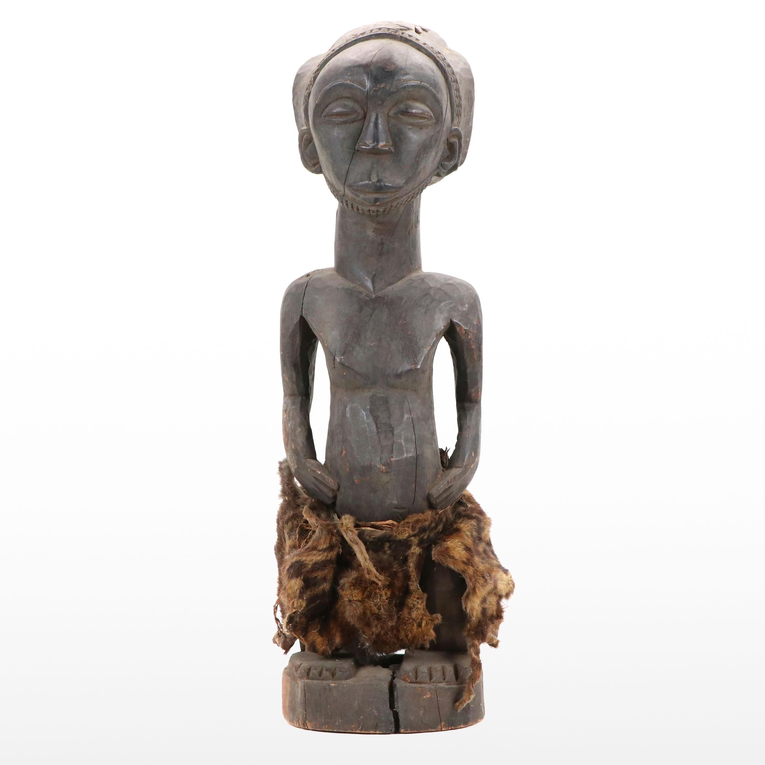 Hemba Singiti Ancestor Figure with Spotted Hyena Pelt & Python Snakeskin Belt