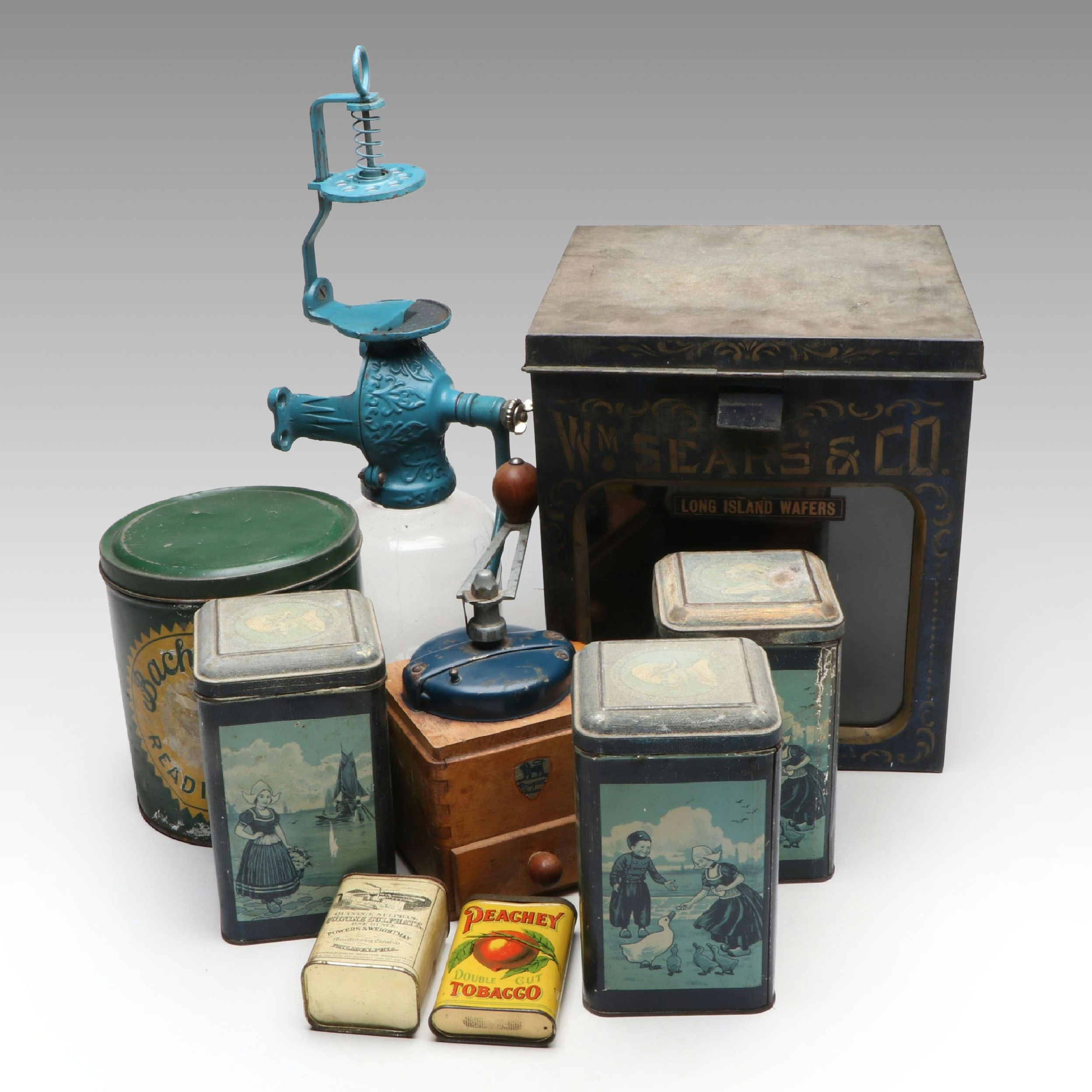 William Sears & Co. Wafer Tin with Wall Mount Coffee Grinder and Other Décor