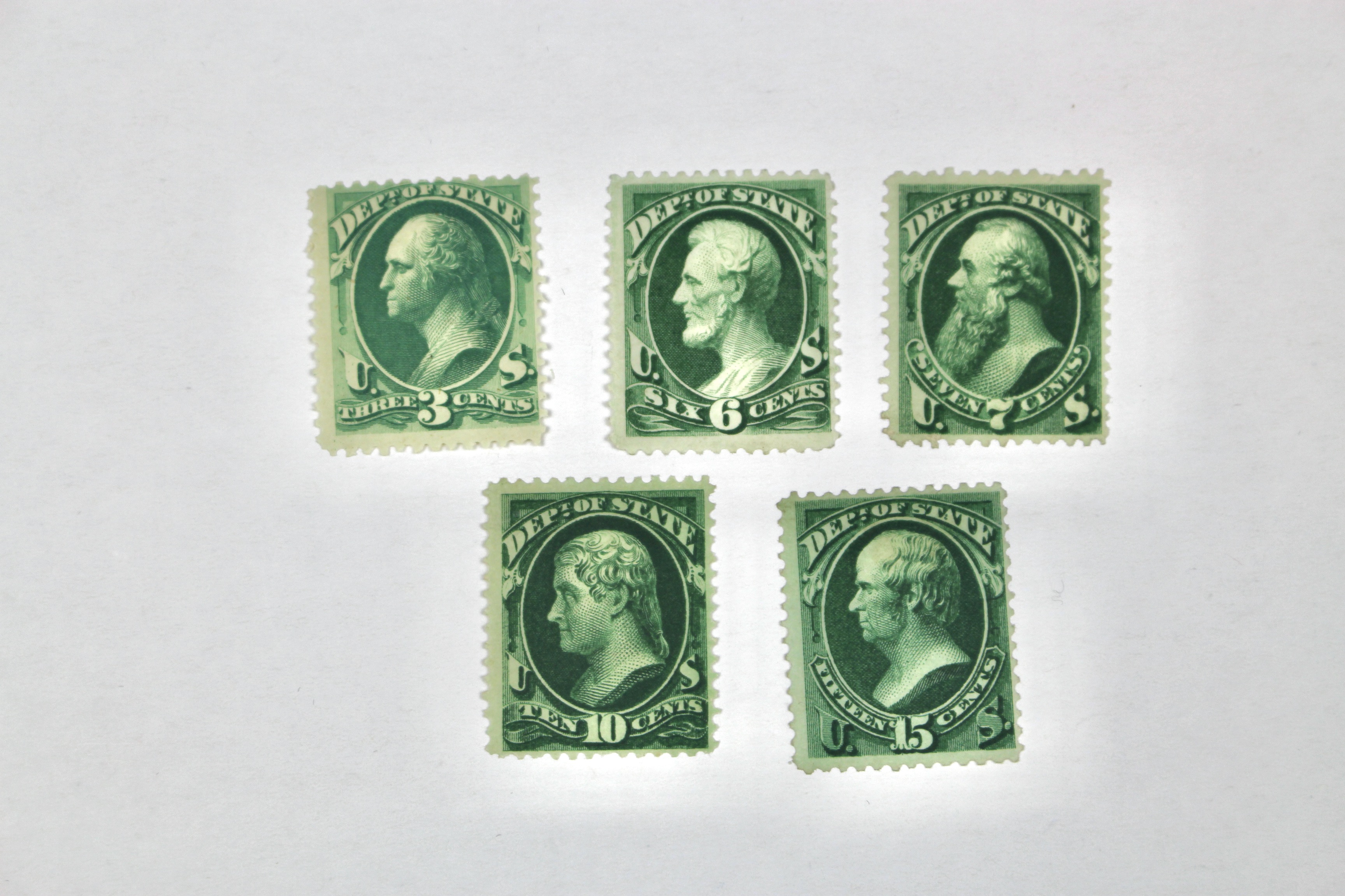 Five U.S. Official Postage Stamps, Scott 059 to 064, 1870s