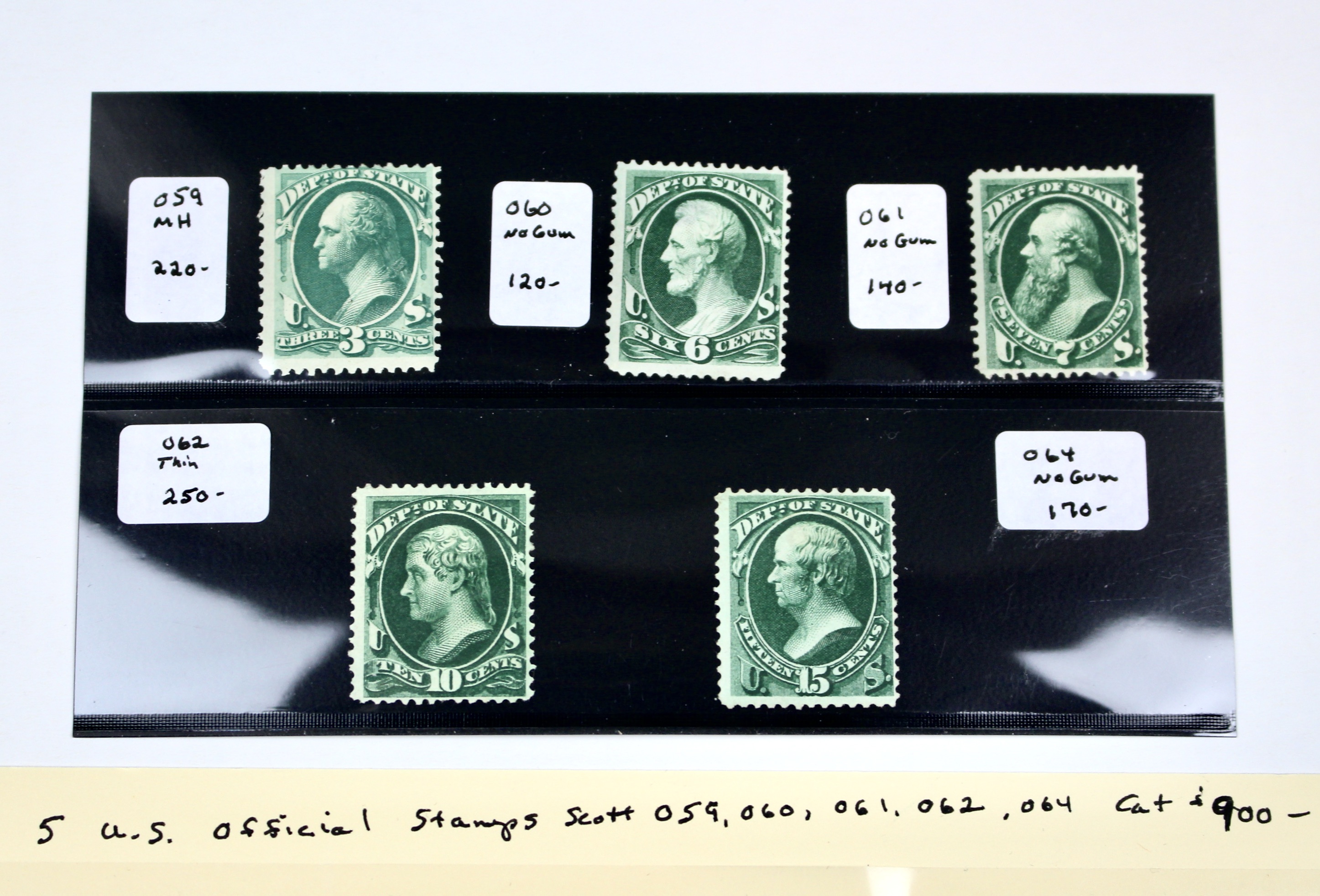 Five U.S. Official Postage Stamps, Scott 059 to 064, 1870s