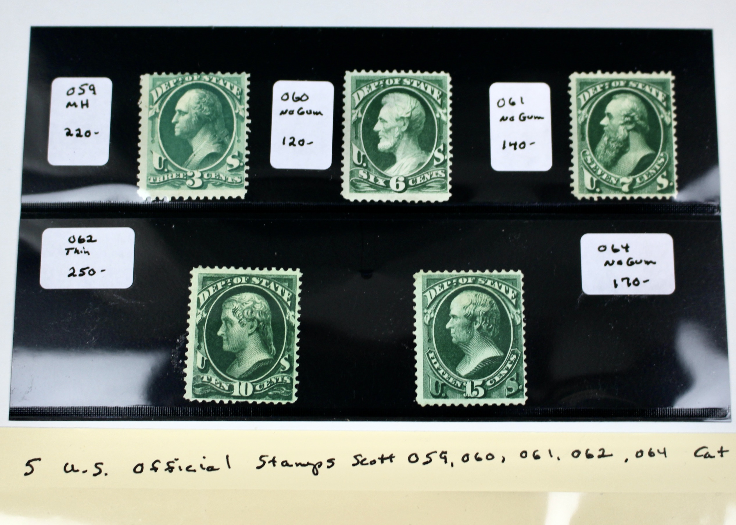 Five U.S. Official Postage Stamps, Scott 059 to 064, 1870s