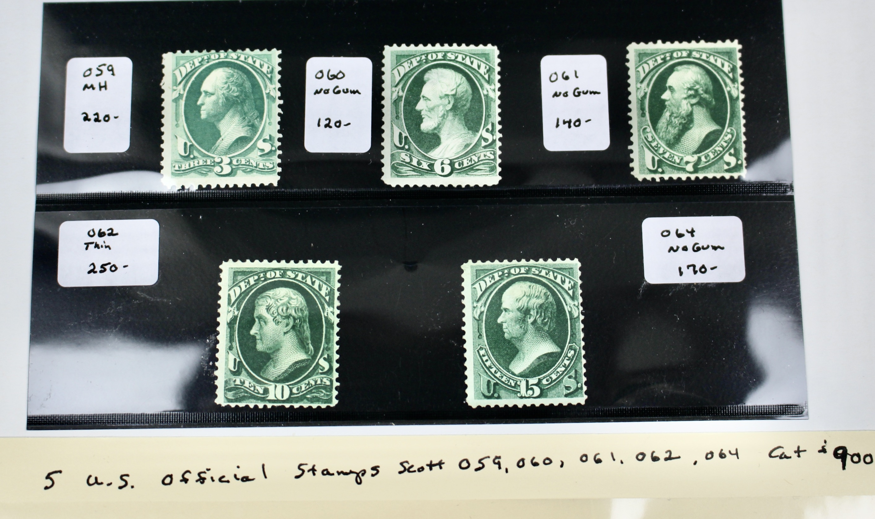 Five U.S. Official Postage Stamps, Scott 059 to 064, 1870s