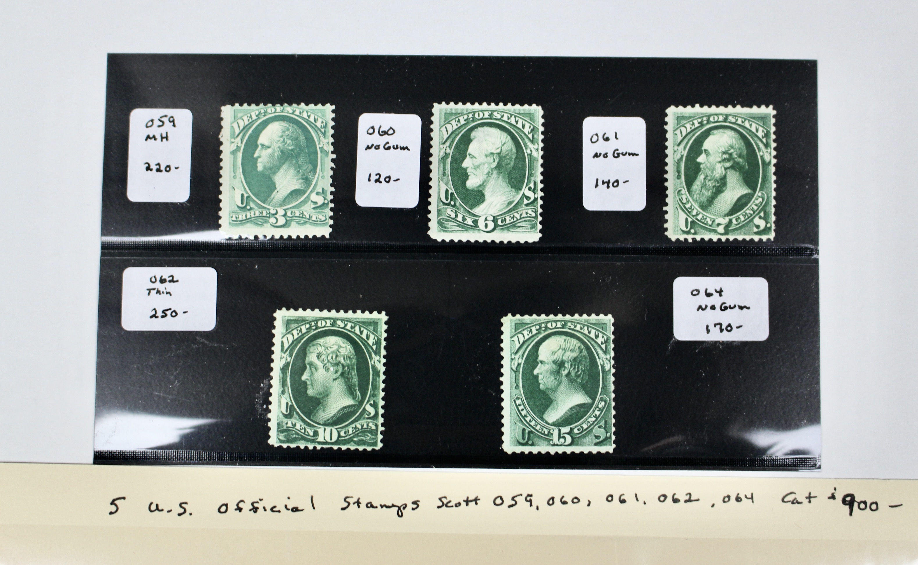 Five U.S. Official Postage Stamps, Scott 059 to 064, 1870s