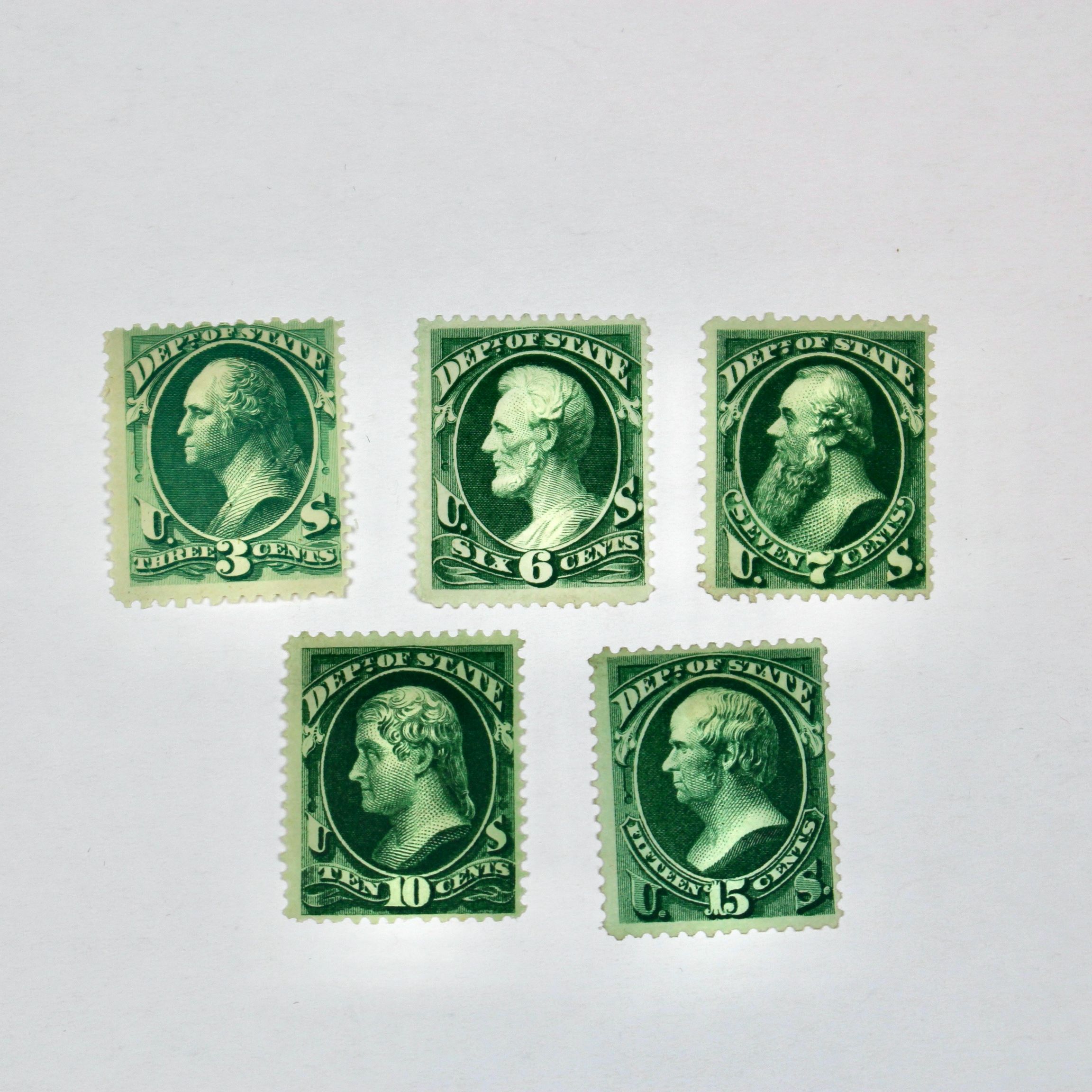 Five U.S. Official Postage Stamps, Scott 059 to 064, 1870s