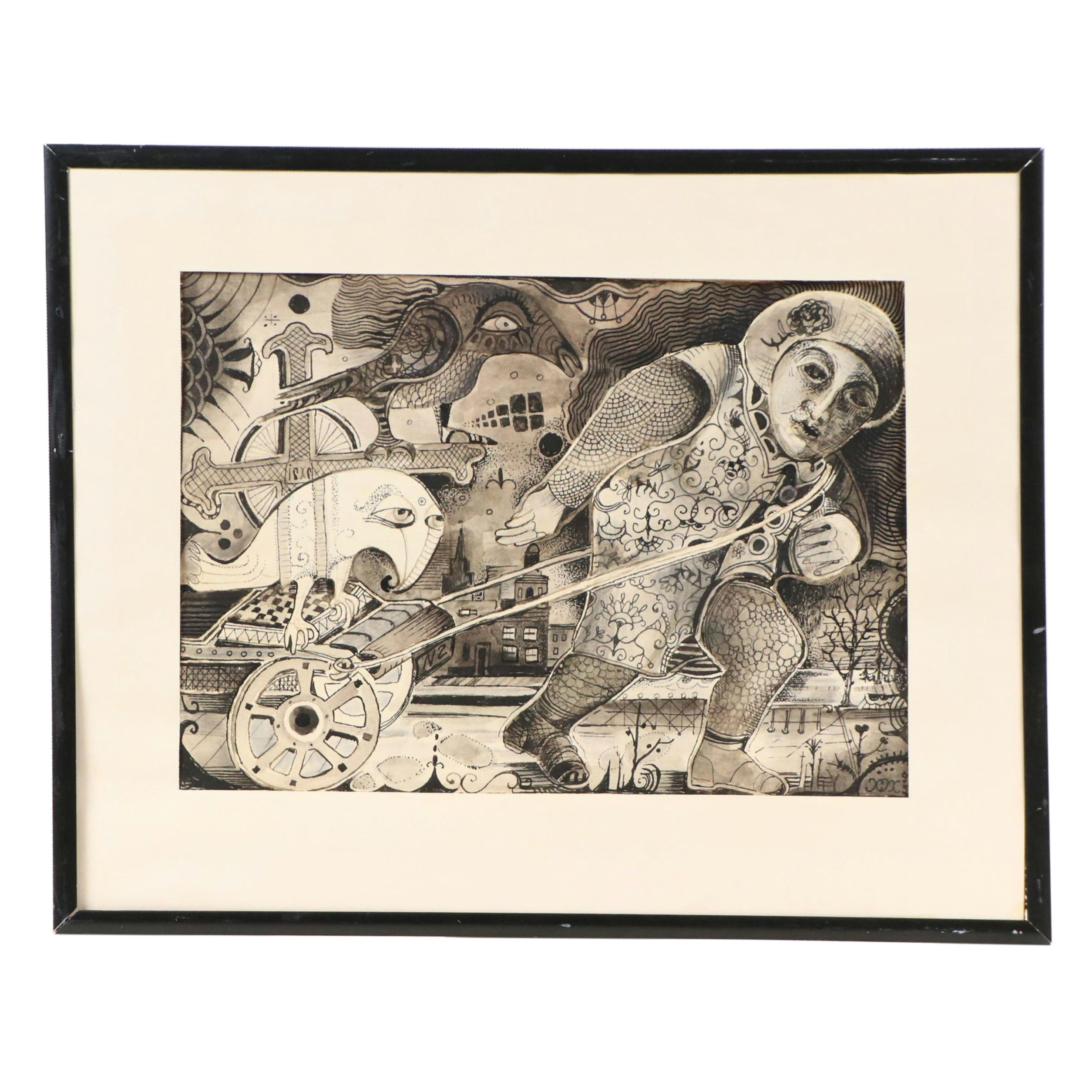 Nikolay Manuylov "Kuk" Drawing of Man Pulling Wagon, 1995