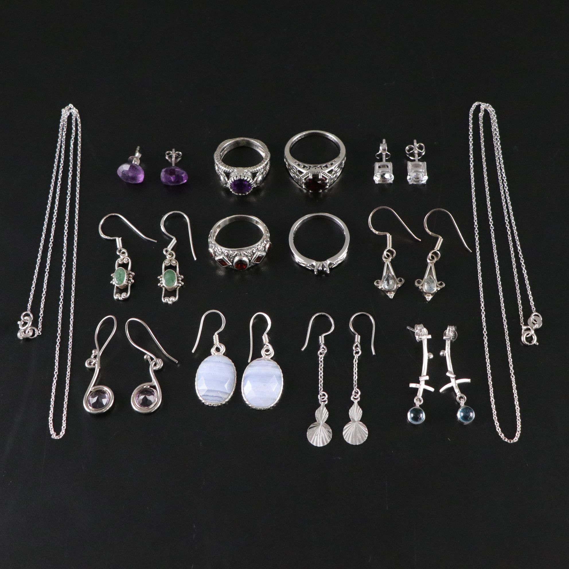 14 Assorted Sterling Silver Rings, Necklaces and Earrings