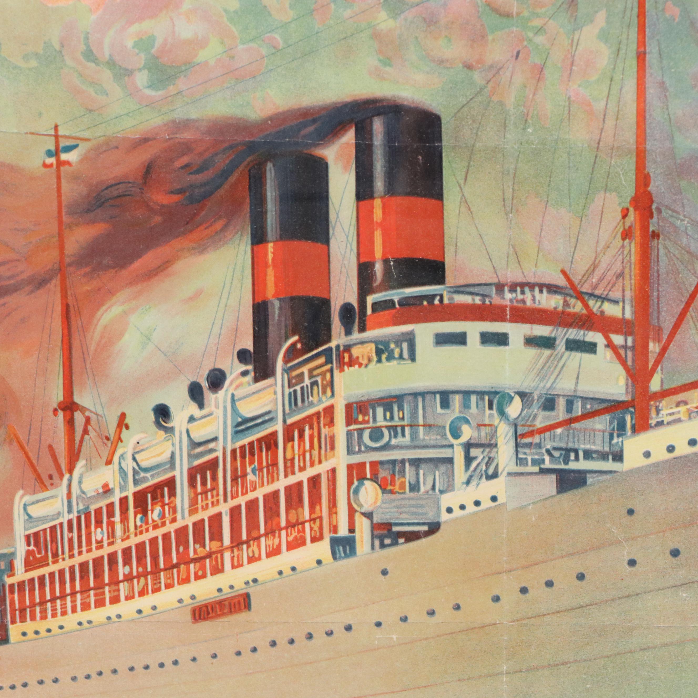 French Color Lithograph Advertisement for Steamship Transport Company