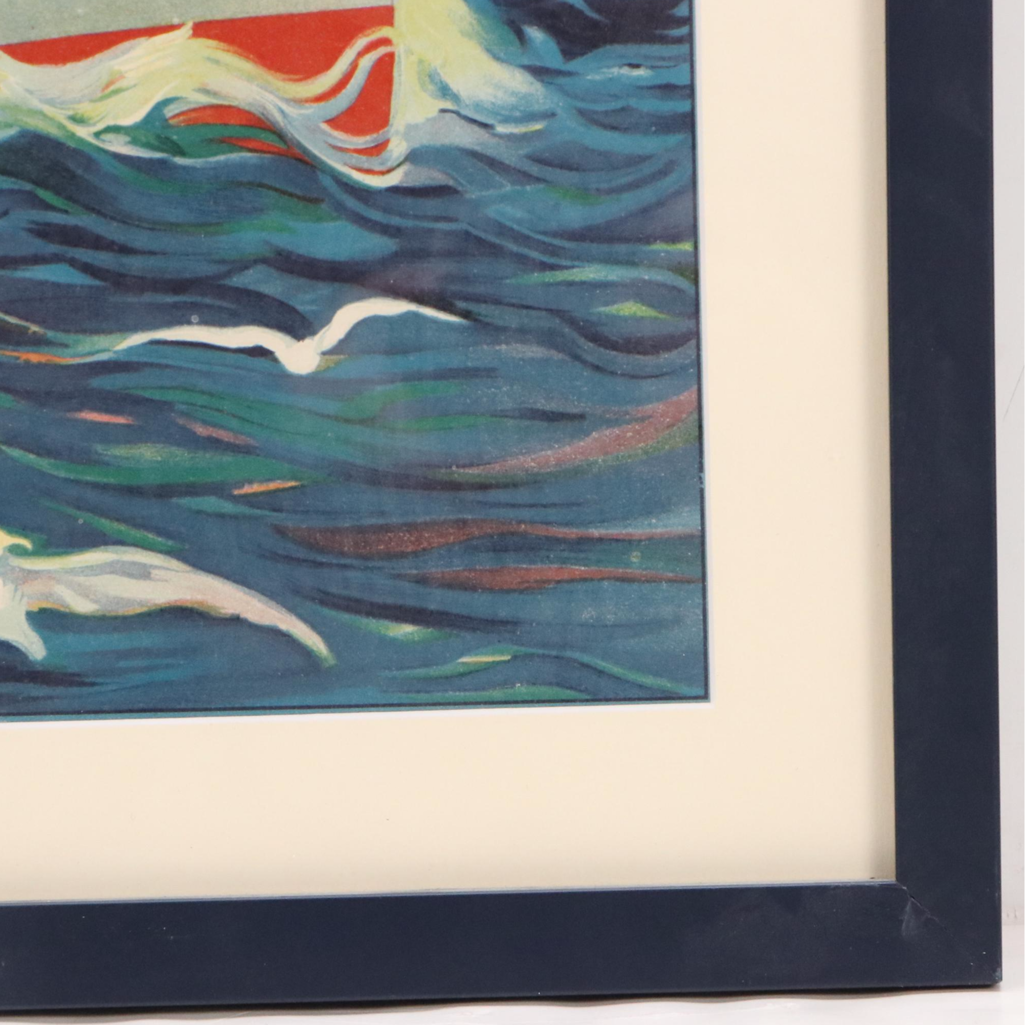 French Color Lithograph Advertisement for Steamship Transport Company