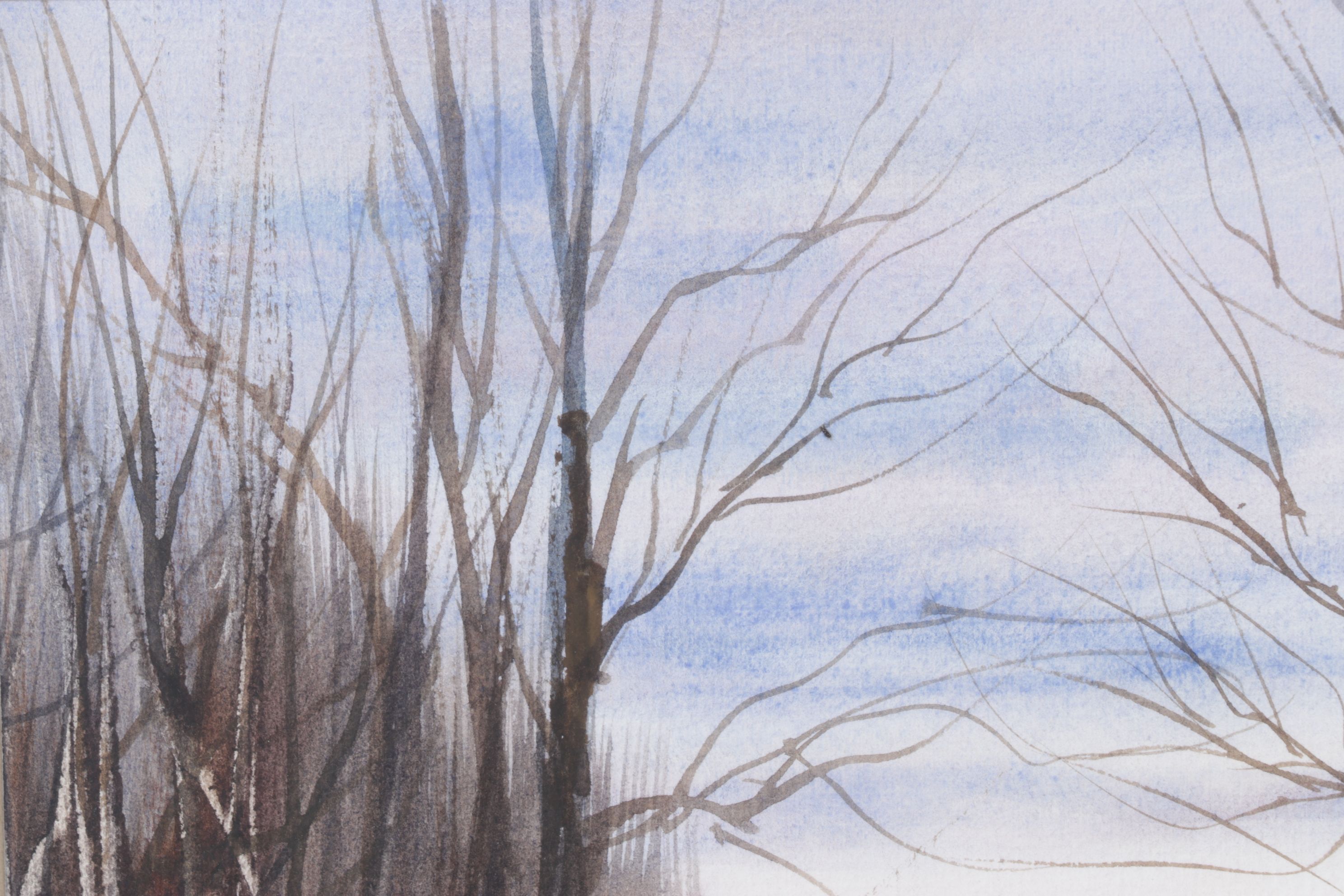 James DeVore Winter Landscape Watercolor Painting with Barren Trees