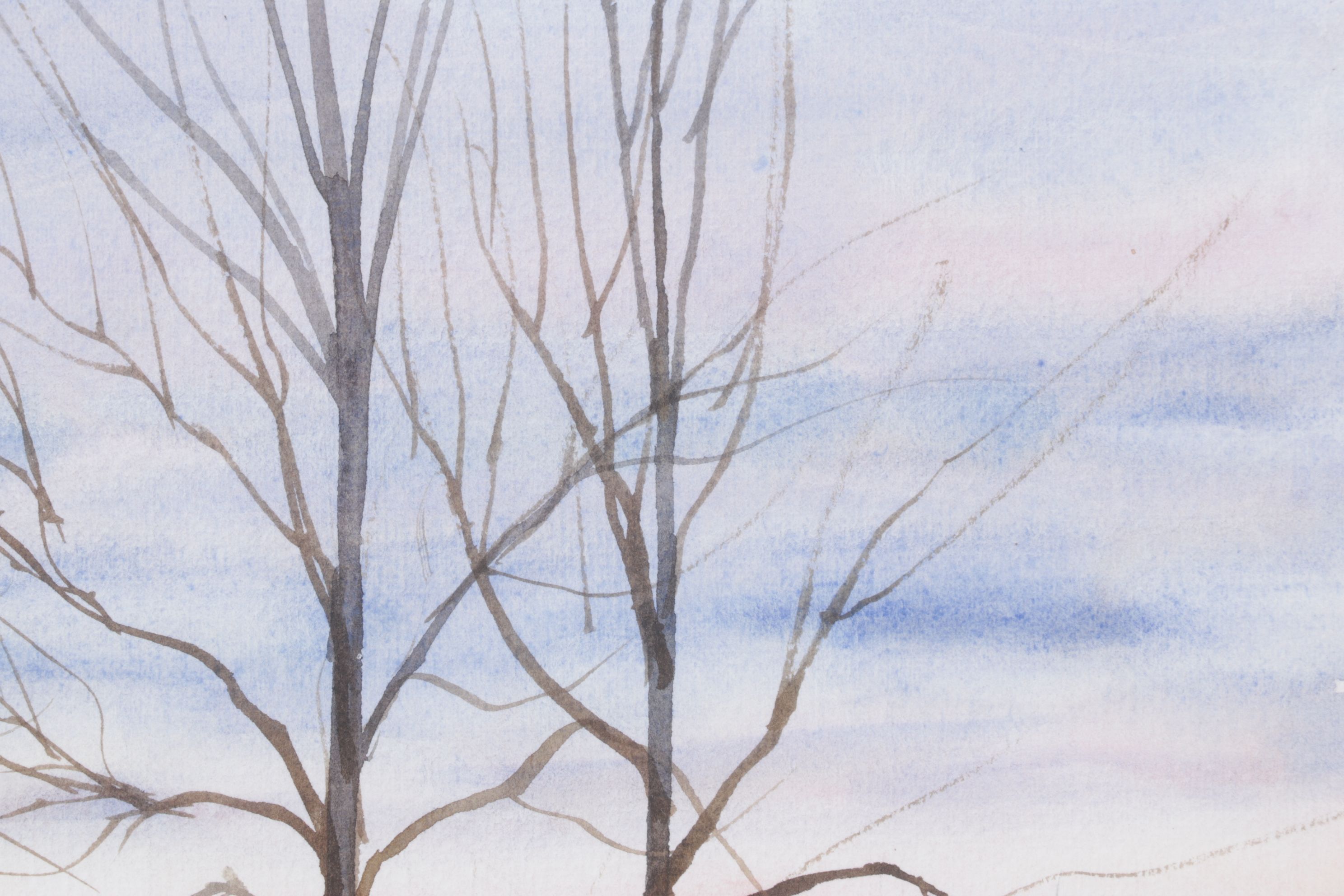 James DeVore Winter Landscape Watercolor Painting with Barren Trees