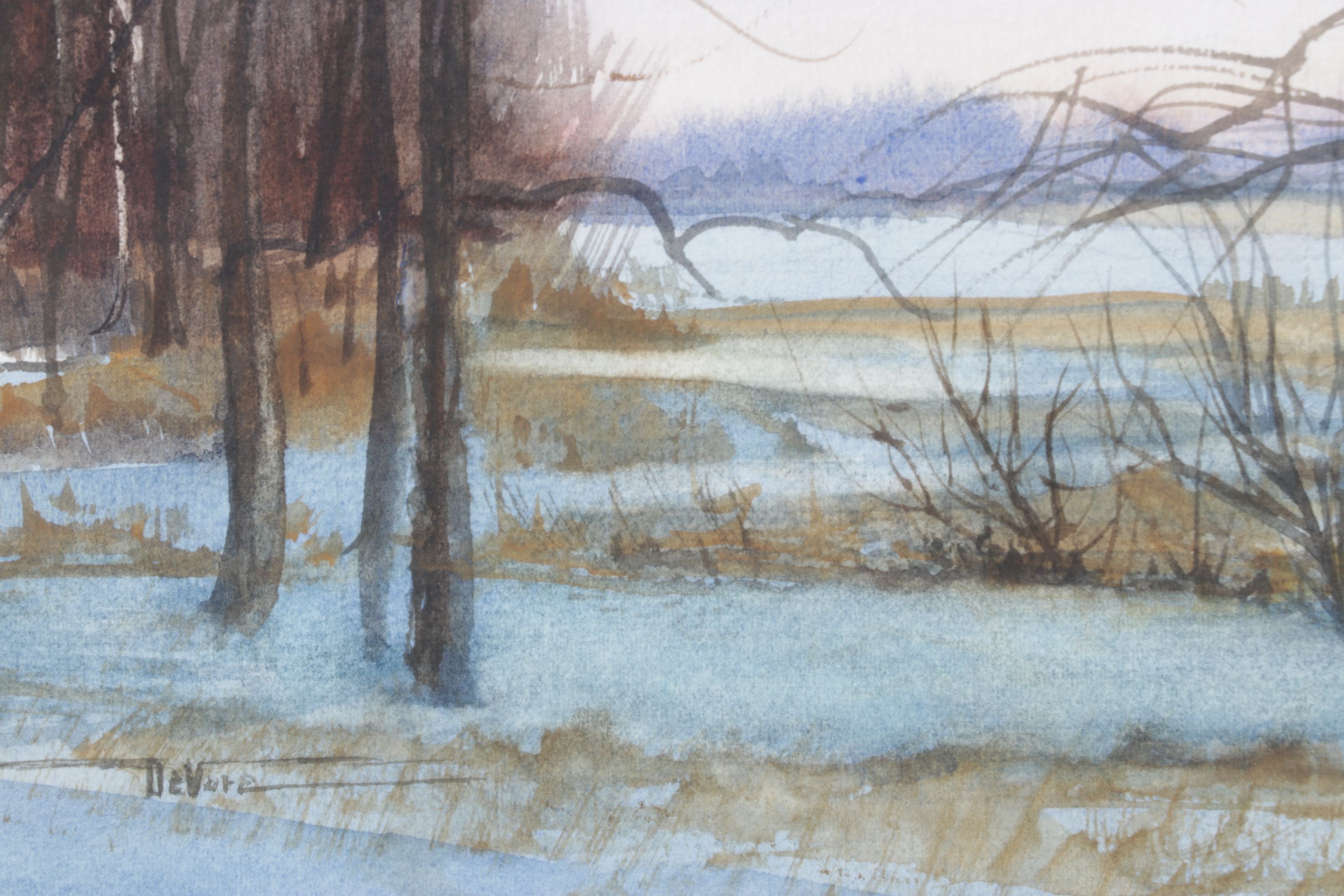 James DeVore Winter Landscape Watercolor Painting with Barren Trees