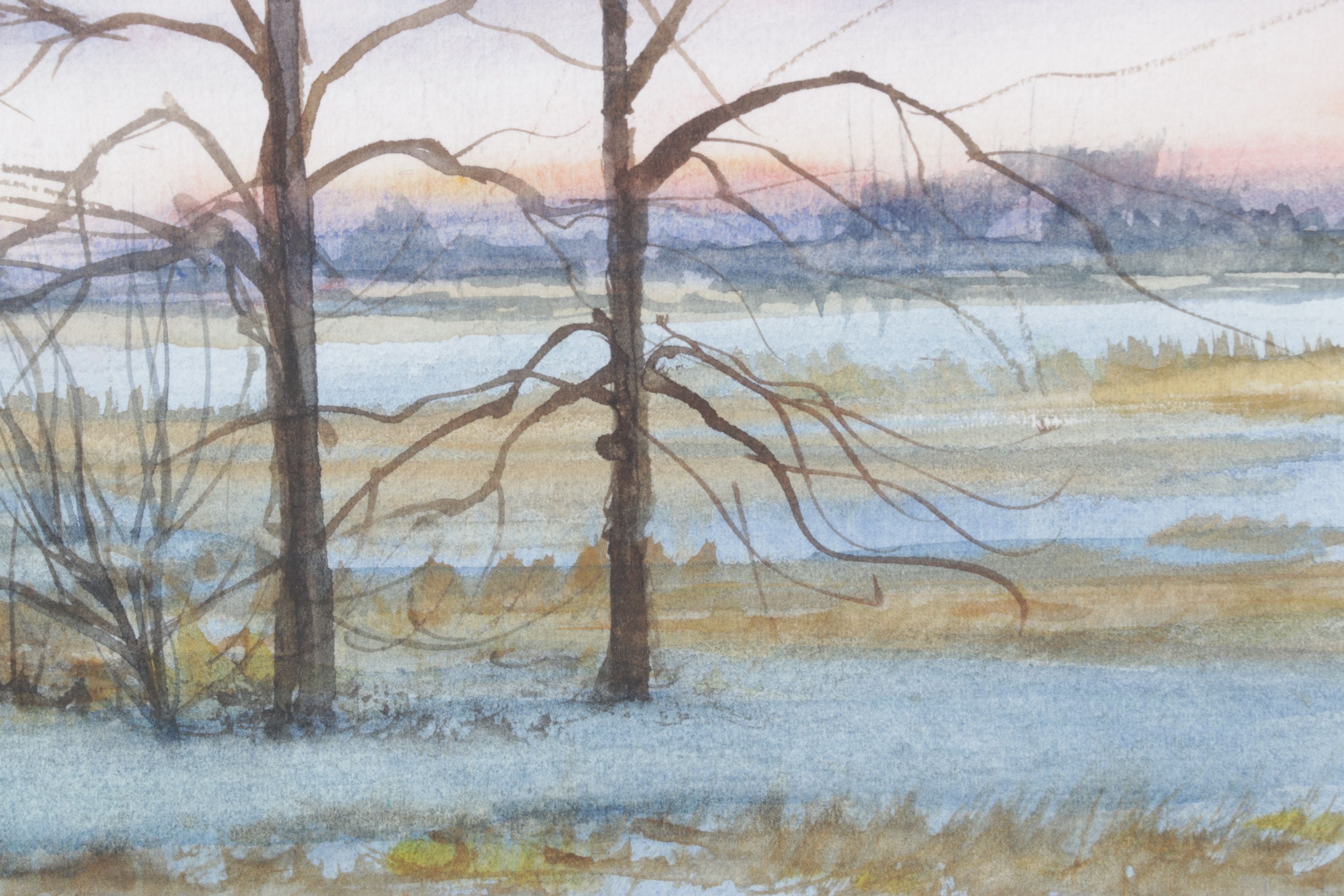 James DeVore Winter Landscape Watercolor Painting with Barren Trees