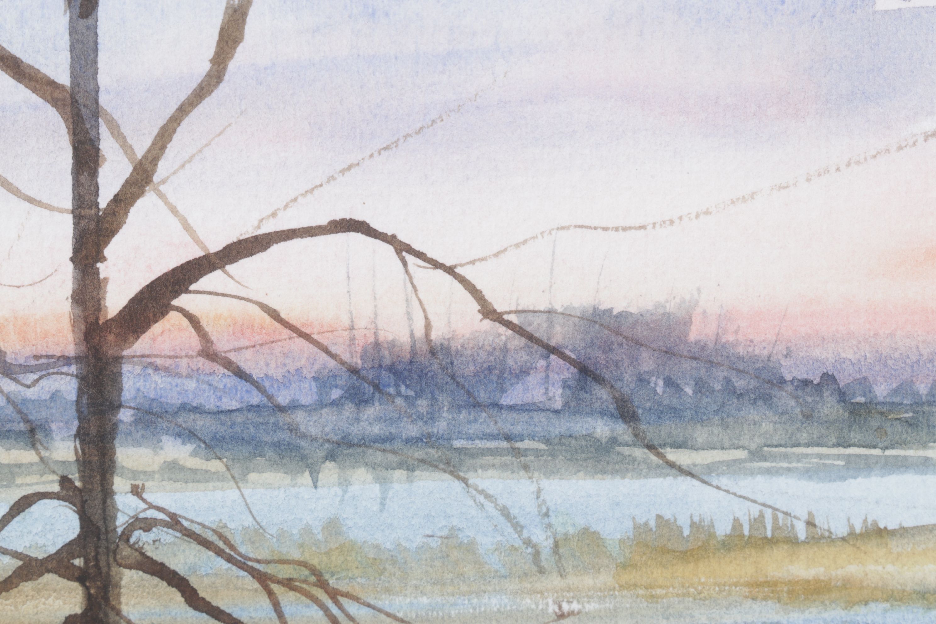 James DeVore Winter Landscape Watercolor Painting with Barren Trees
