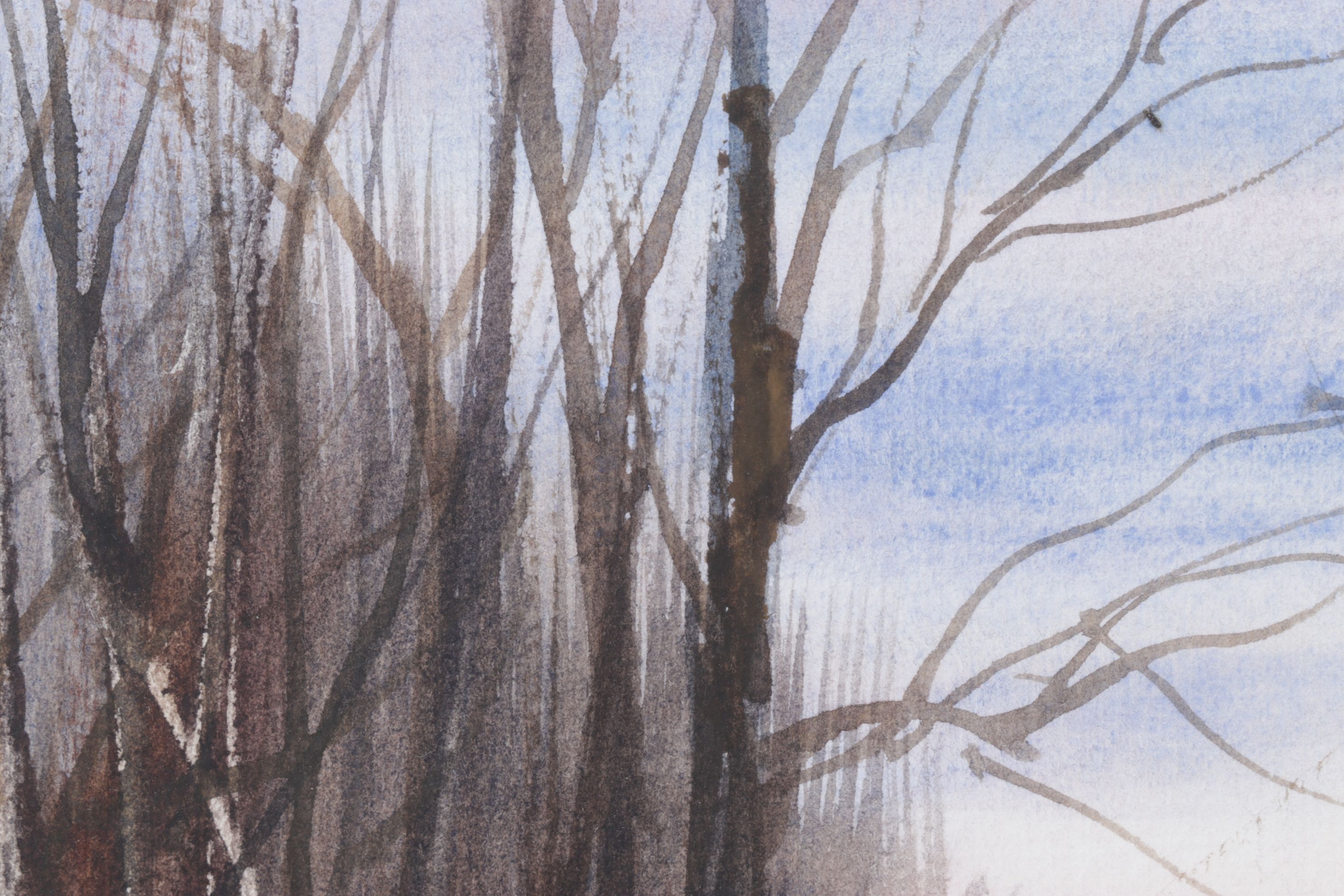 James DeVore Winter Landscape Watercolor Painting with Barren Trees