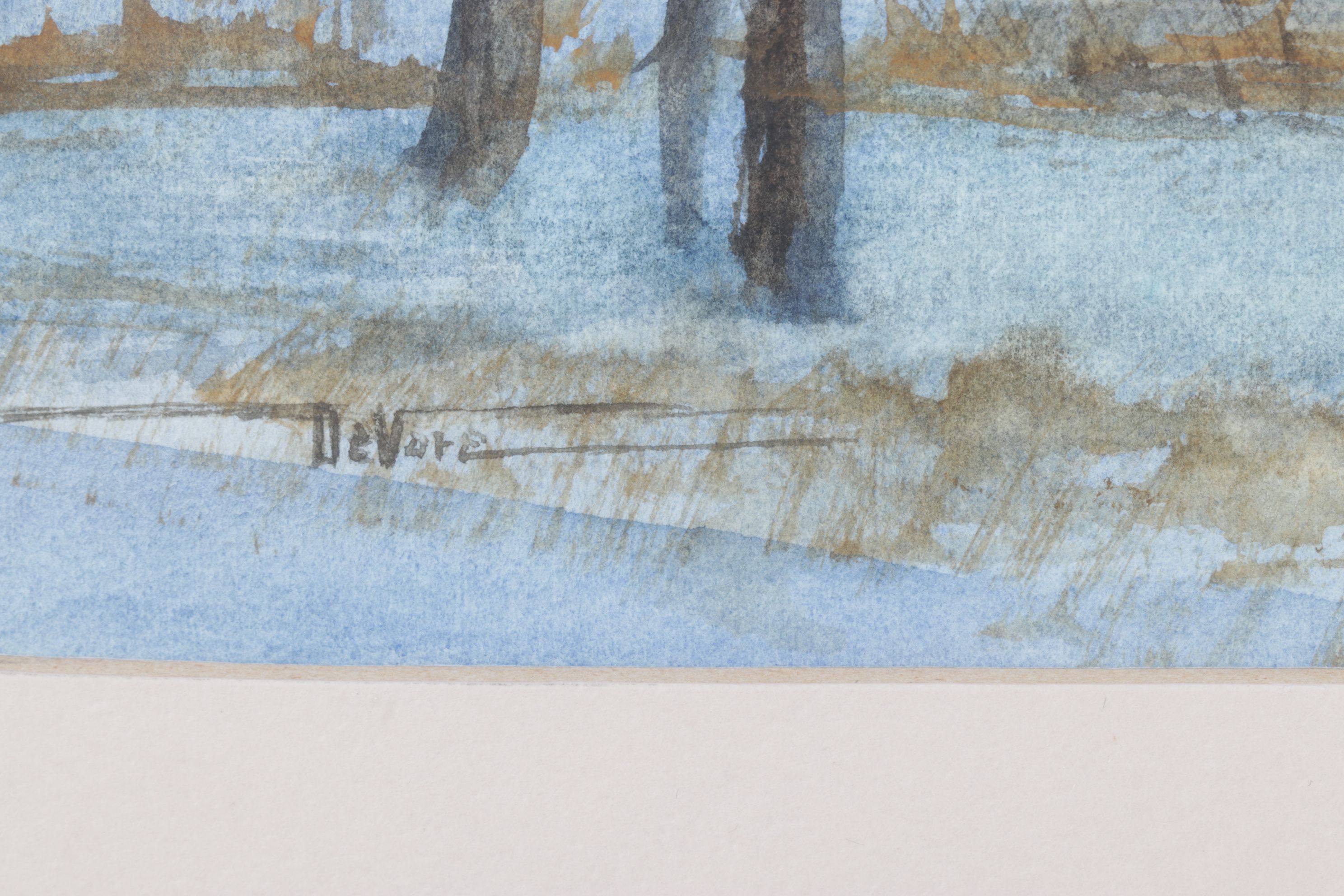 James DeVore Winter Landscape Watercolor Painting with Barren Trees